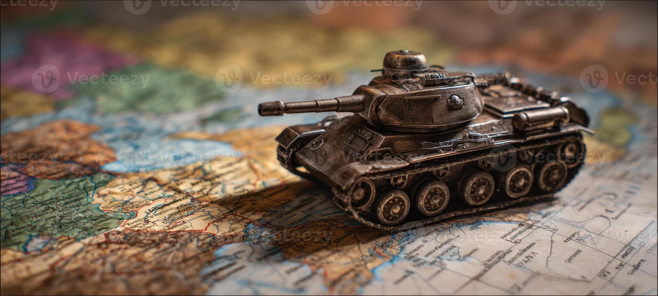 The model tank positioned on an antique map showcasing detailed geography. photo