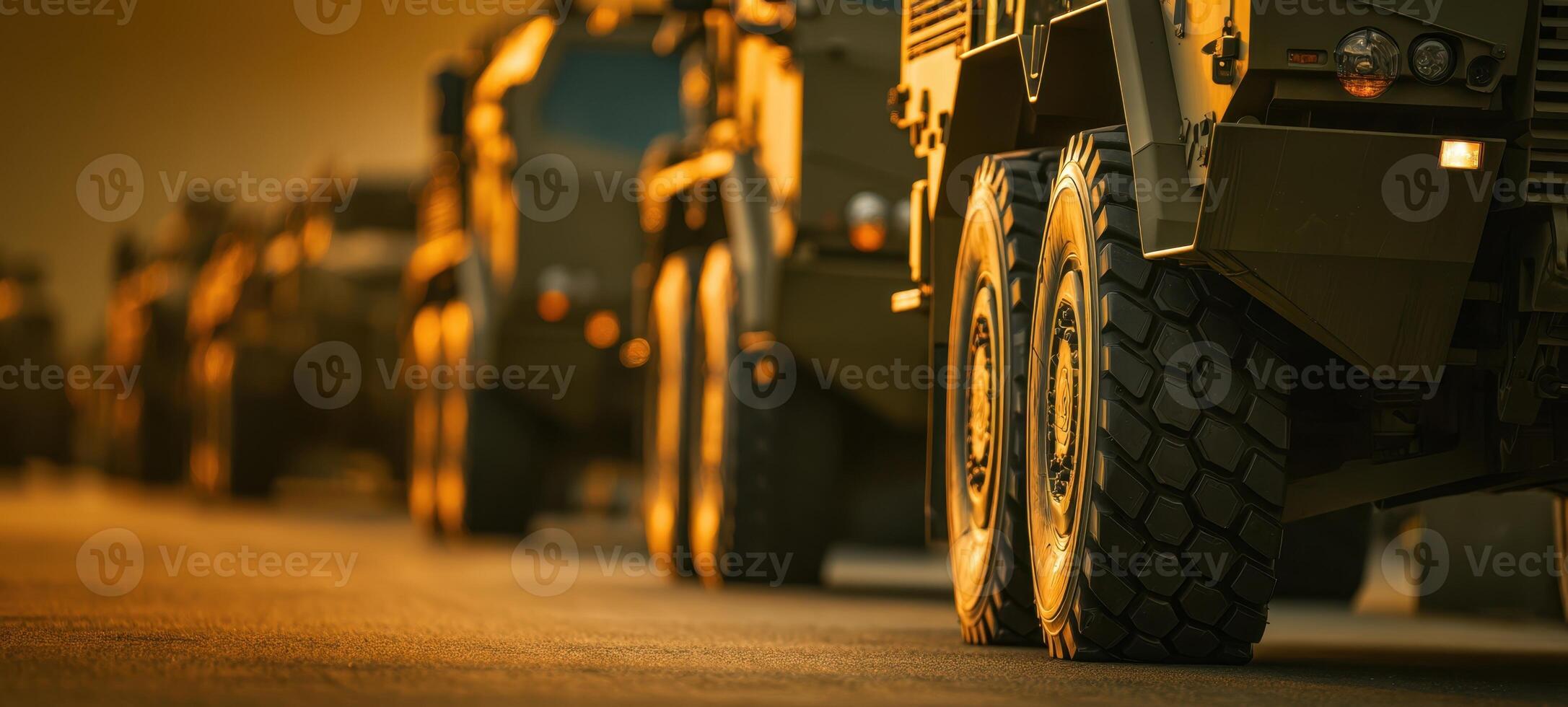 The military vehicles lined up in a powerful sunset convoy formation. photo