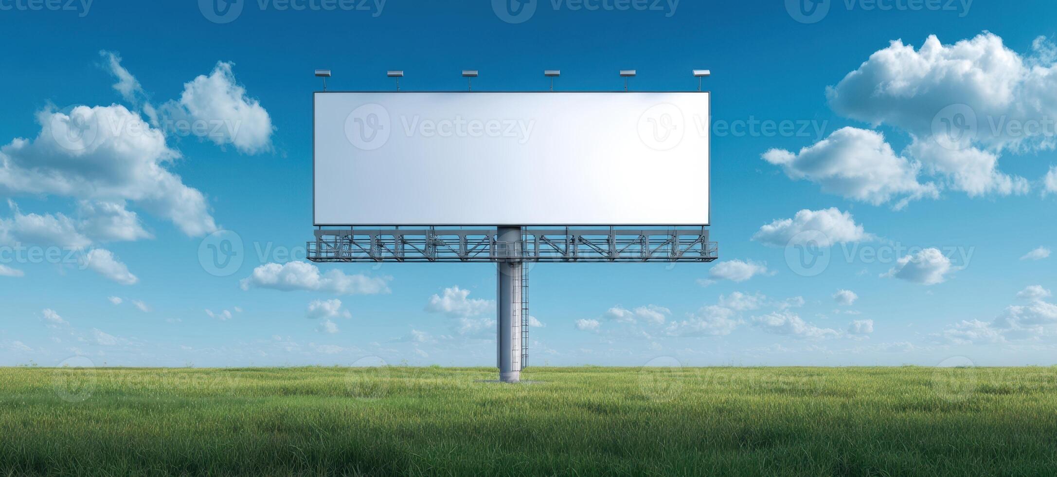 The Empty Billboard in a Clear Blue Sky Over Green Fields photo