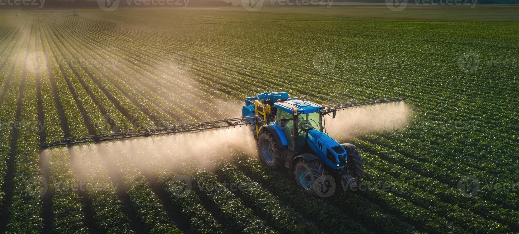 The tractor spraying crops across a vibrant green agricultural field. photo