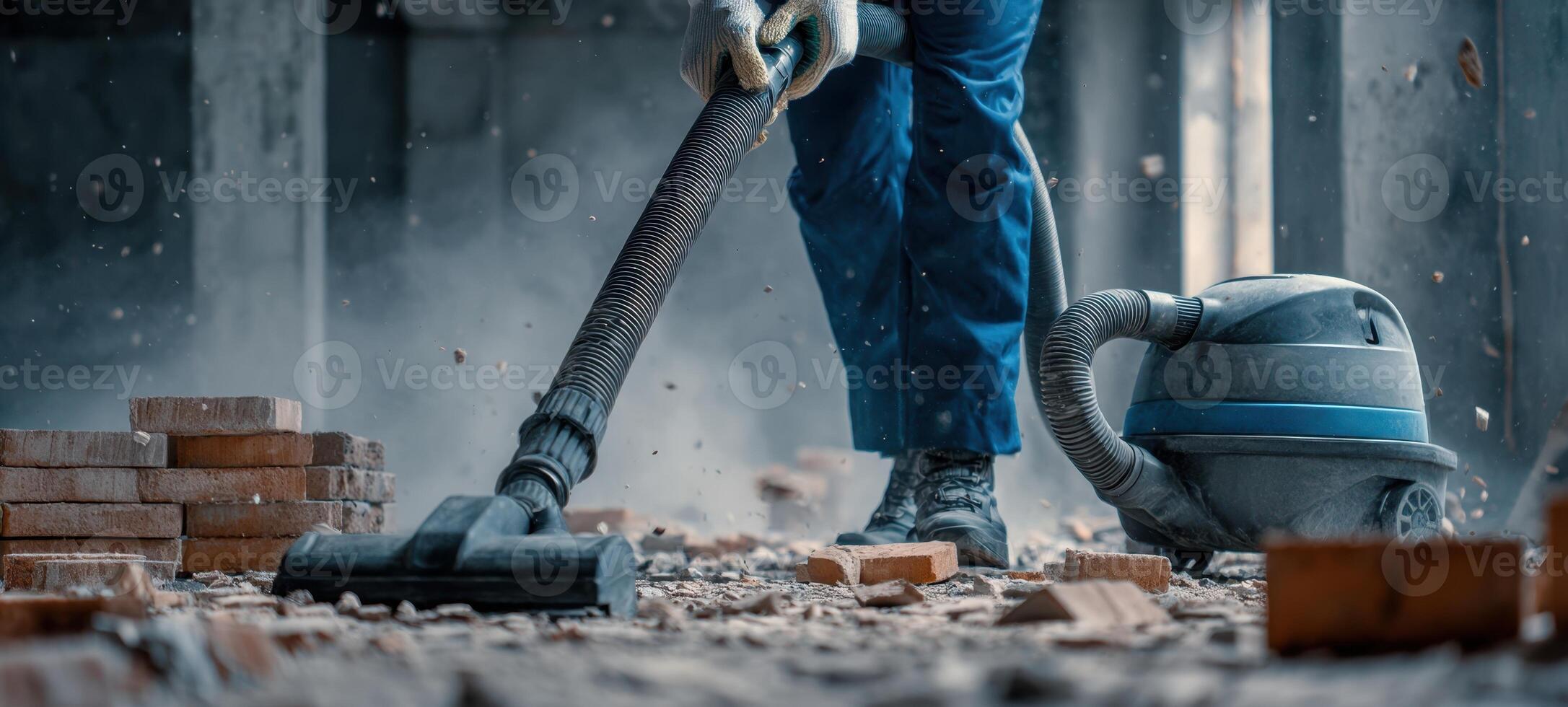 The worker using a vacuum cleaner to clean up construction debris. photo