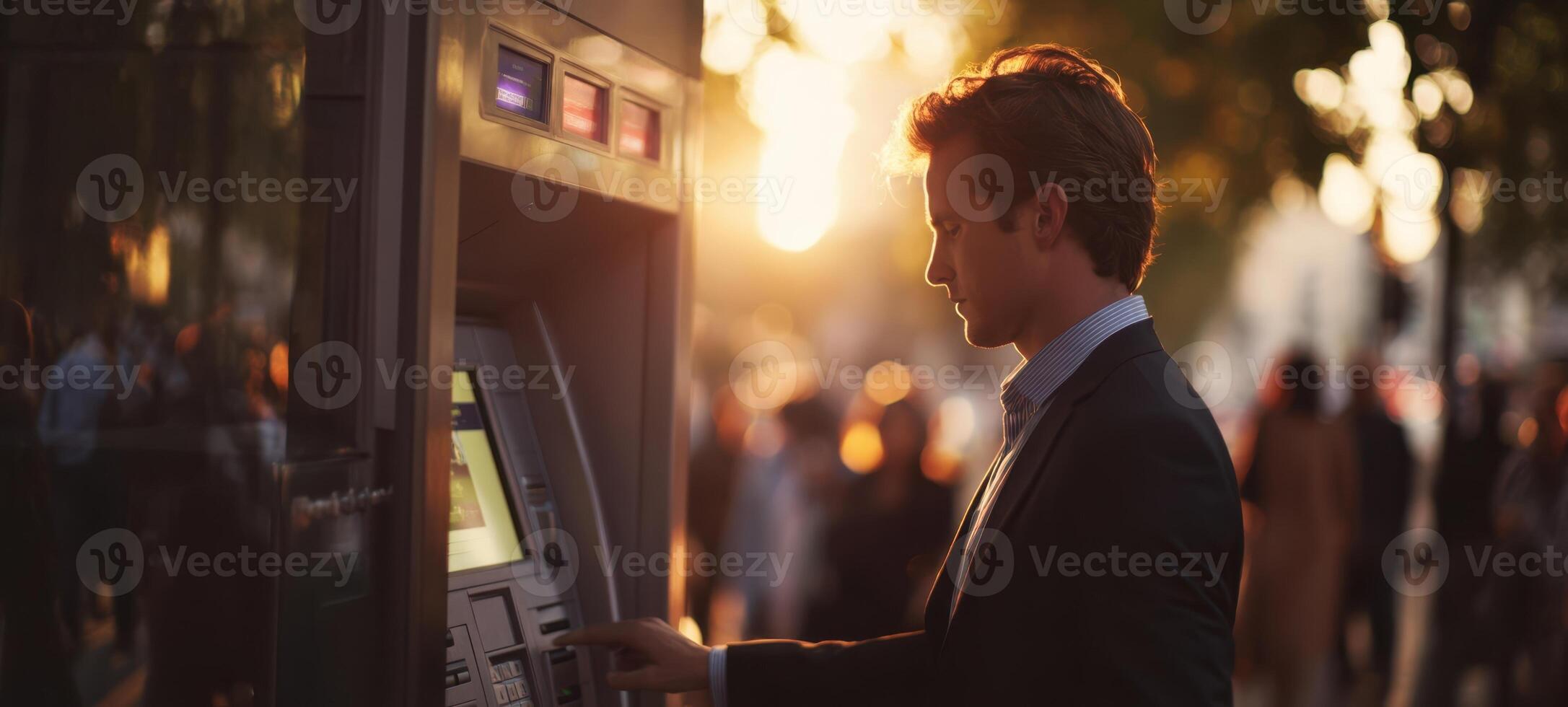The man using an ATM during a picturesque sunset in the city. photo
