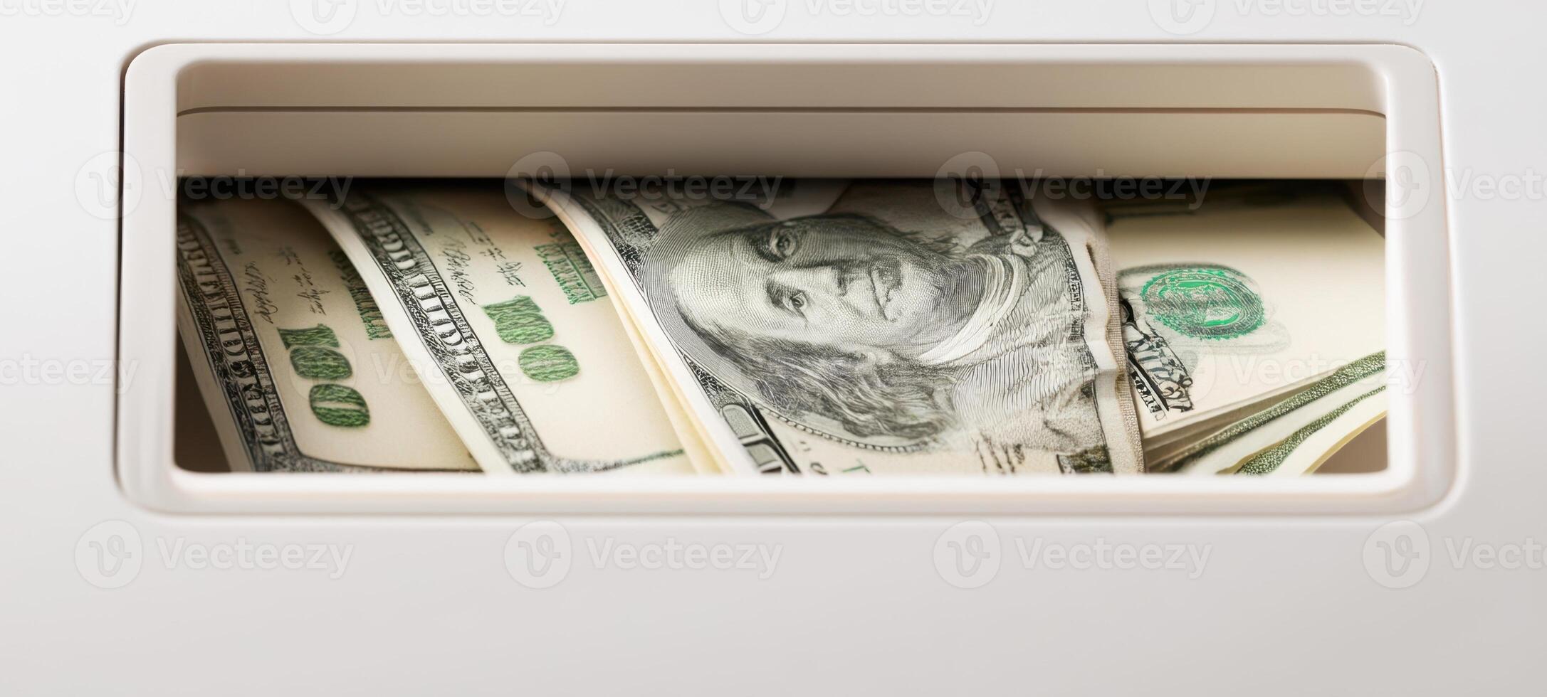 The stack of money nestled in a secure cash compartment. photo