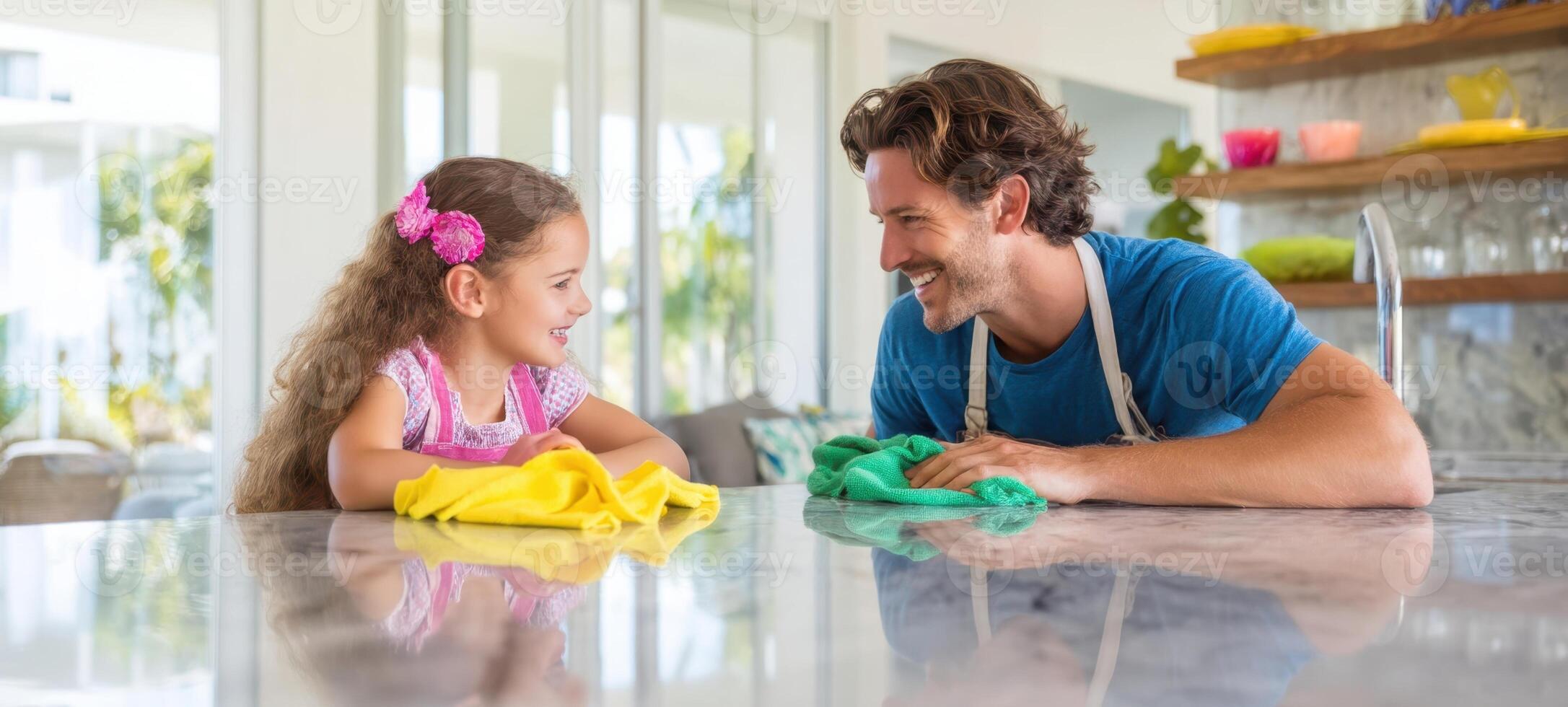 The joyful moment of a father and daughter cleaning together at home. photo