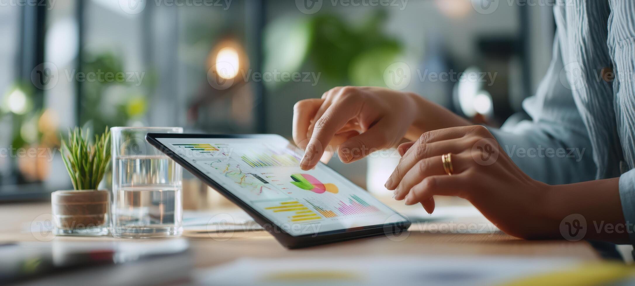 The interactive tablet displaying colorful graphs in a modern workspace. photo
