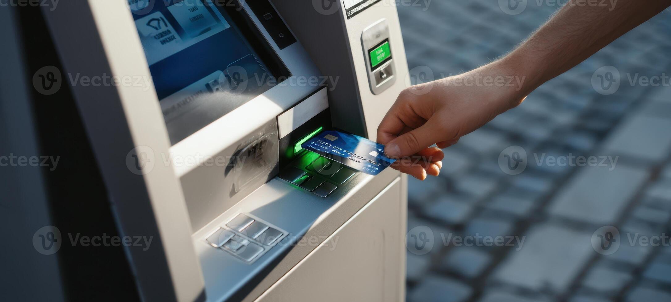 The hand inserting a card into an ATM for a convenient transaction. photo