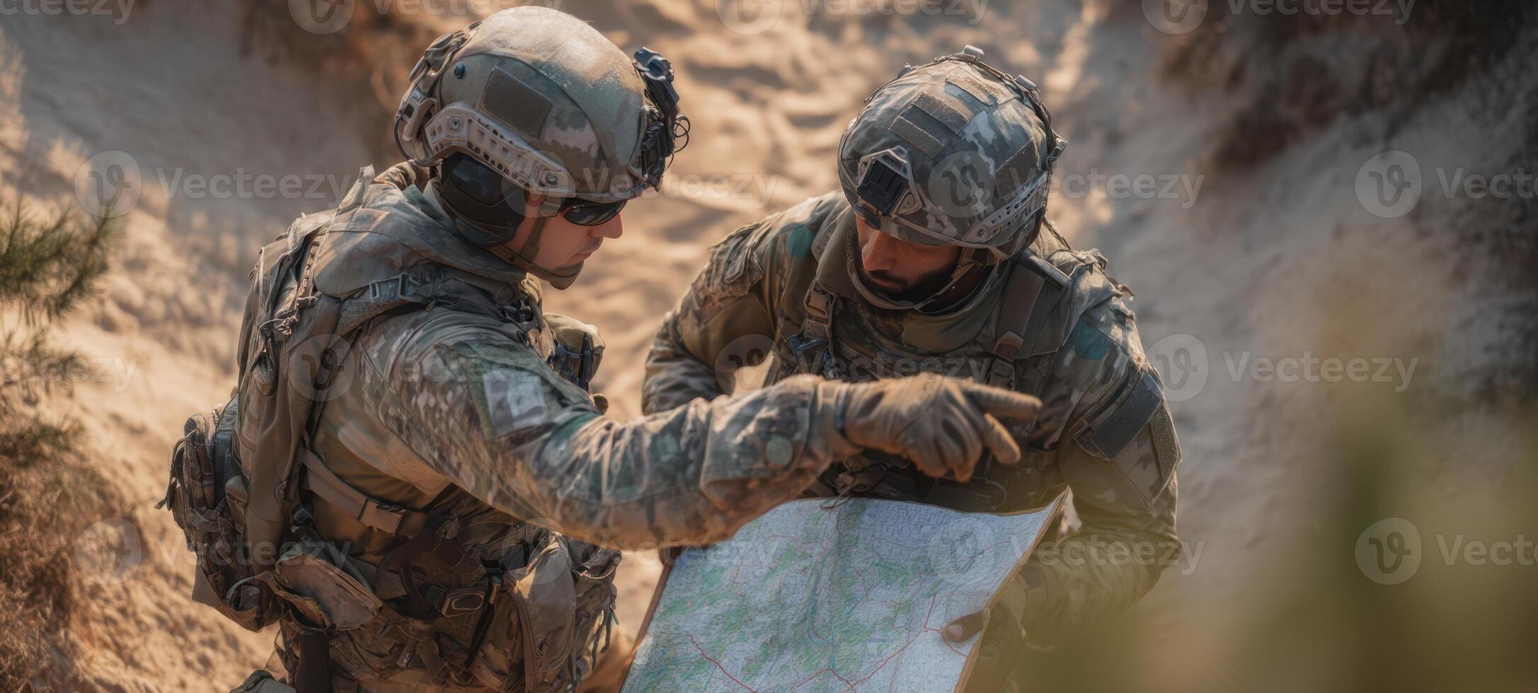 The soldiers examining a detailed map for tactical navigation in the field. photo
