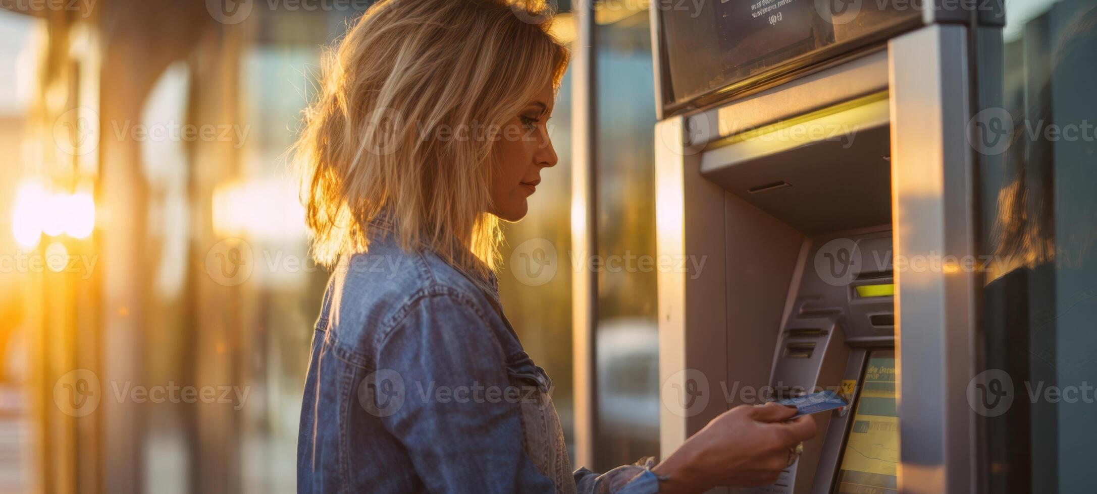 The woman using an ATM while basking in the warm sunset glow. photo