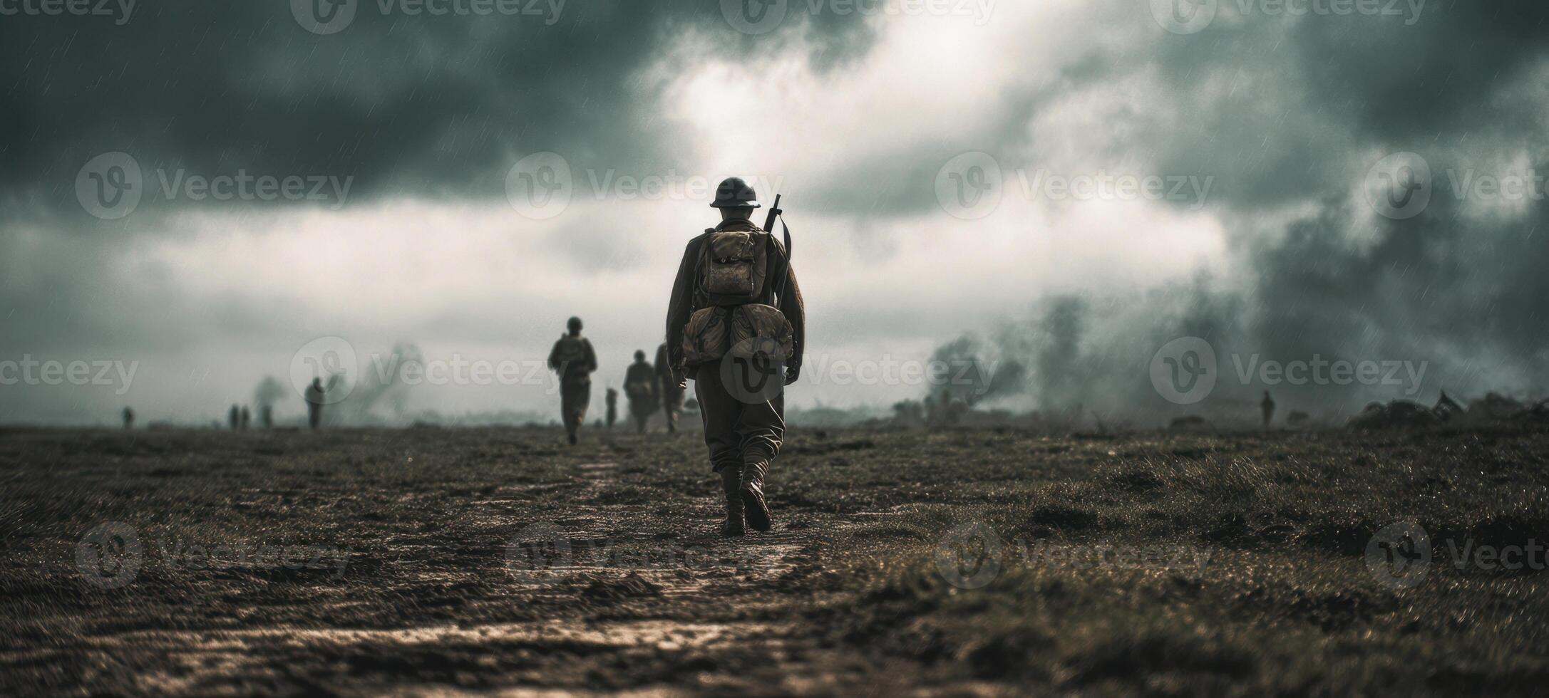 The soldier marching through a dramatic battlefield under stormy skies. photo
