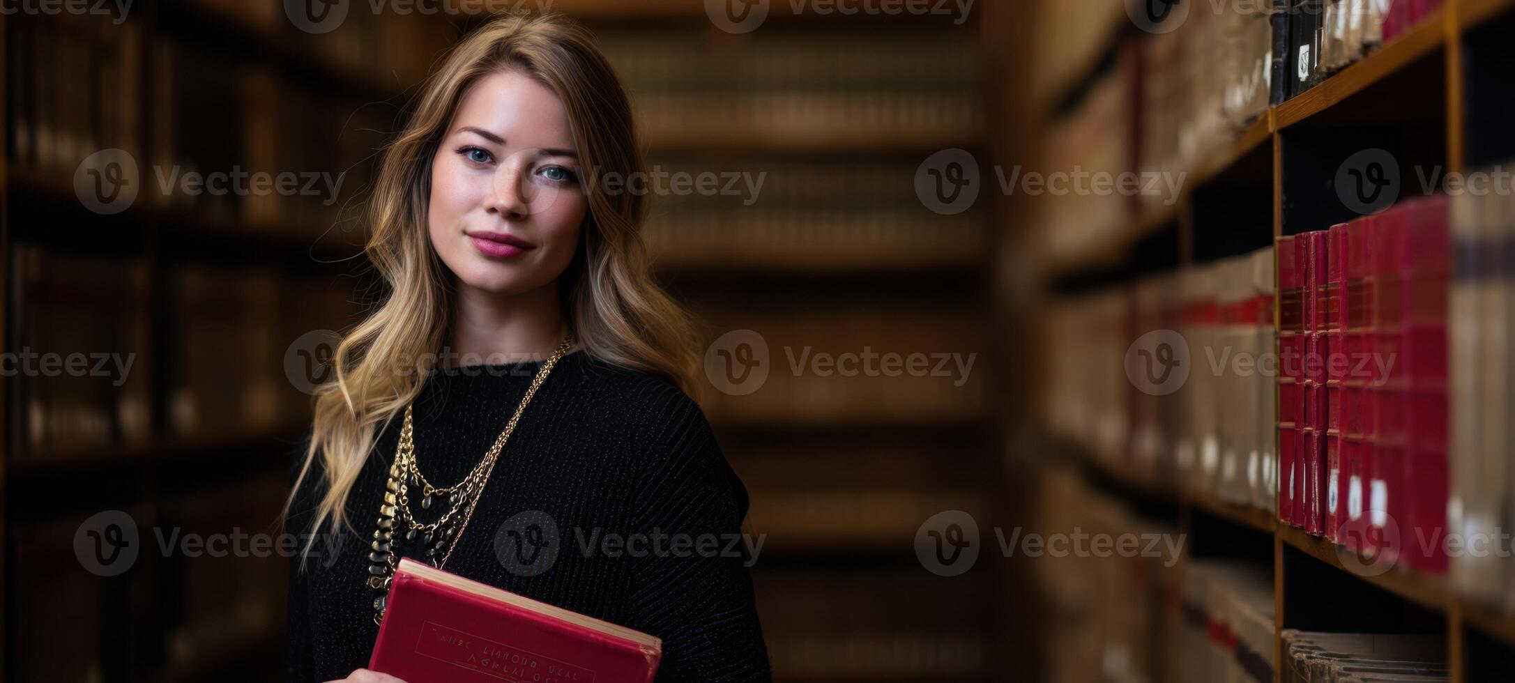 The young woman holding a red book in a library setting. photo