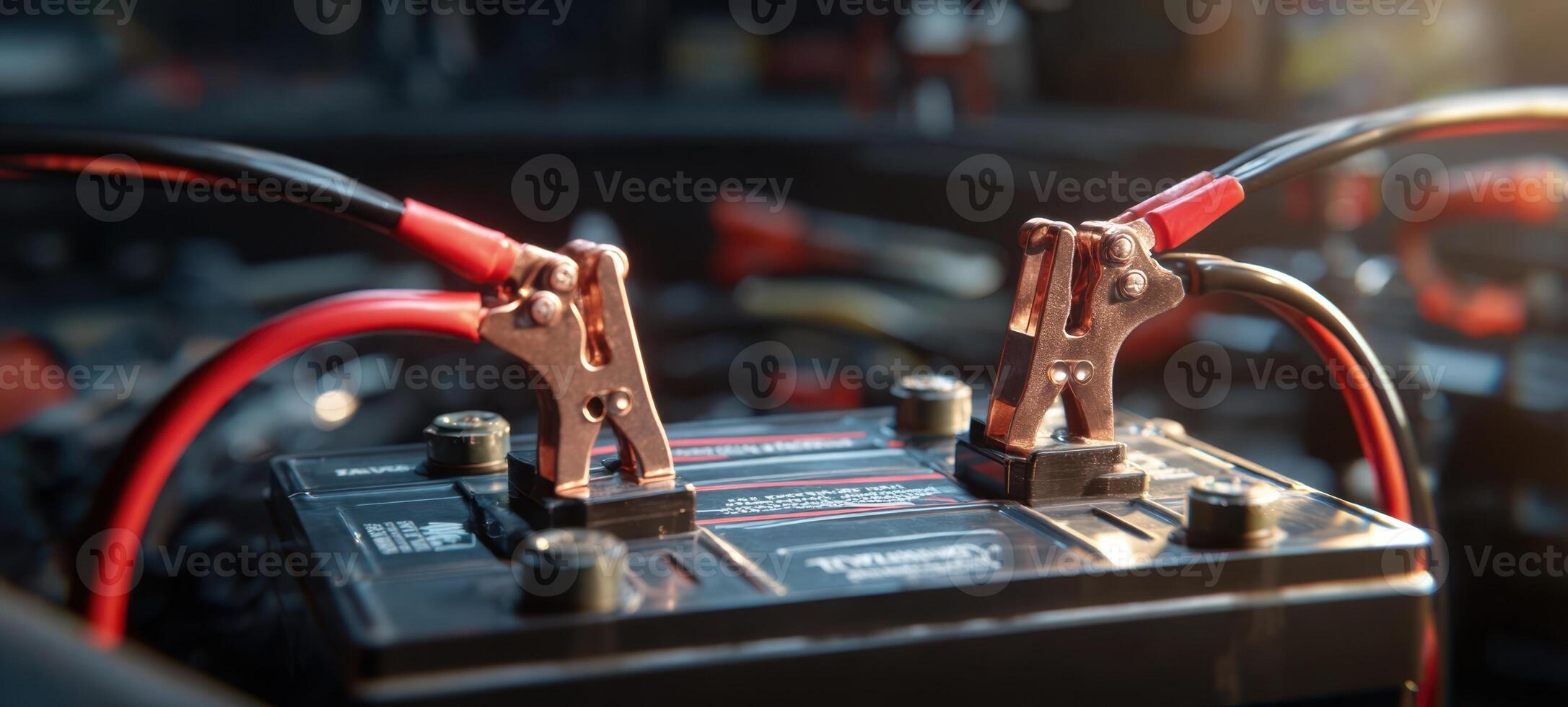 The charging process of a car battery with jumper cables connected. photo