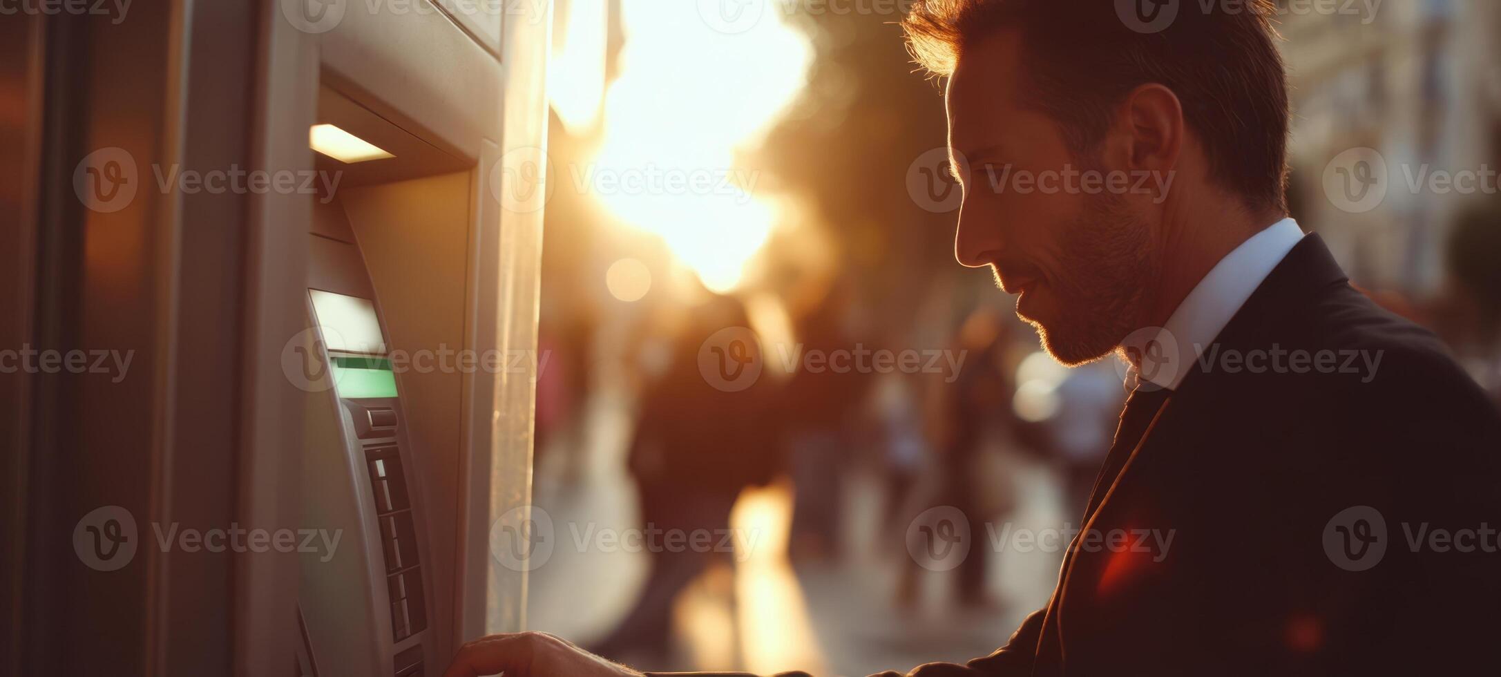 The businessman using an ATM at sunset in an urban environment. photo