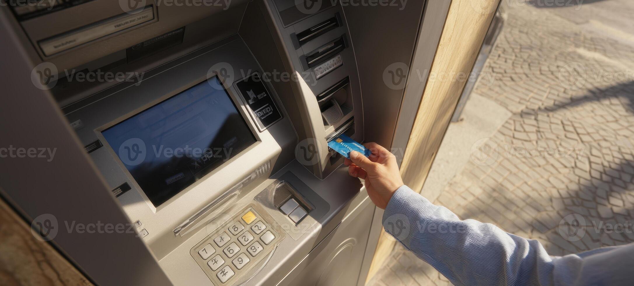 The ATM dispensing cash during a financial transaction in a modern urban setting. photo