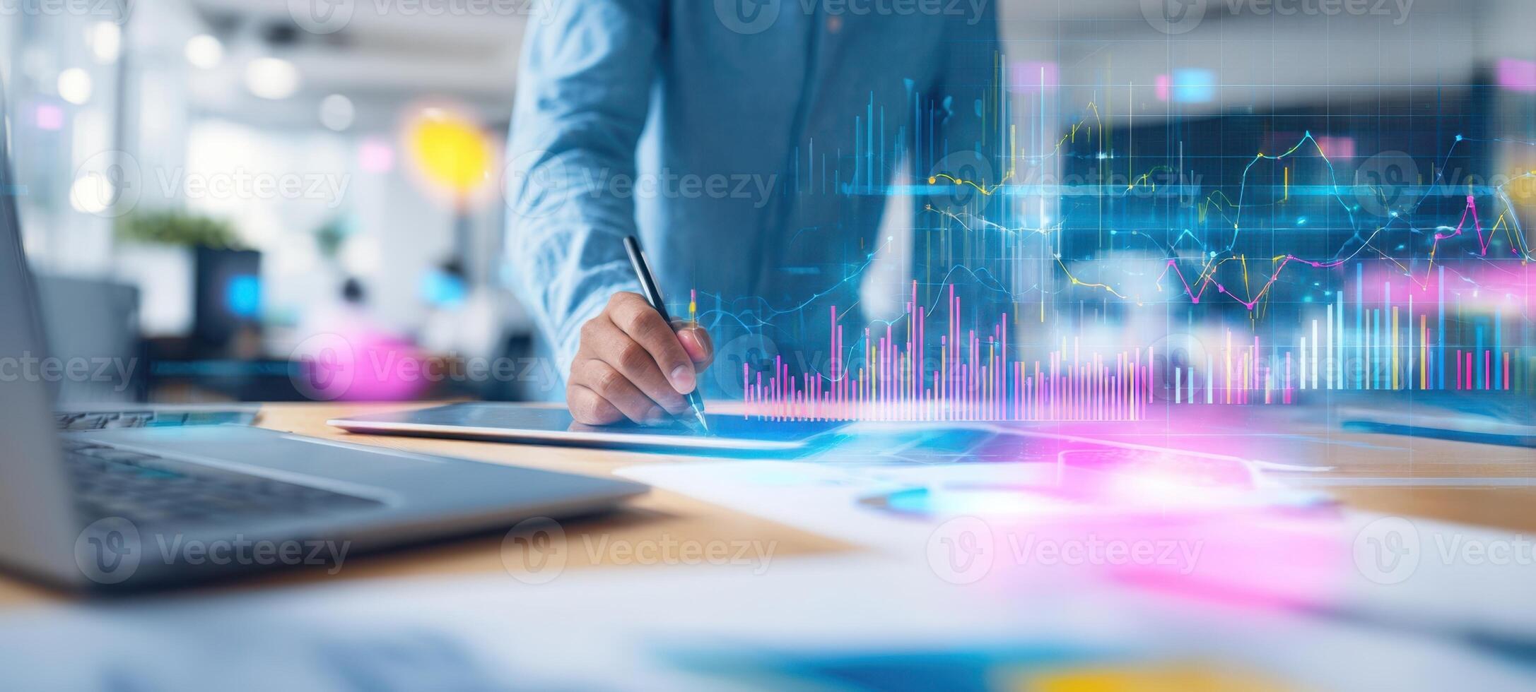 The professional using a tablet with data visualization in a modern office setting. photo