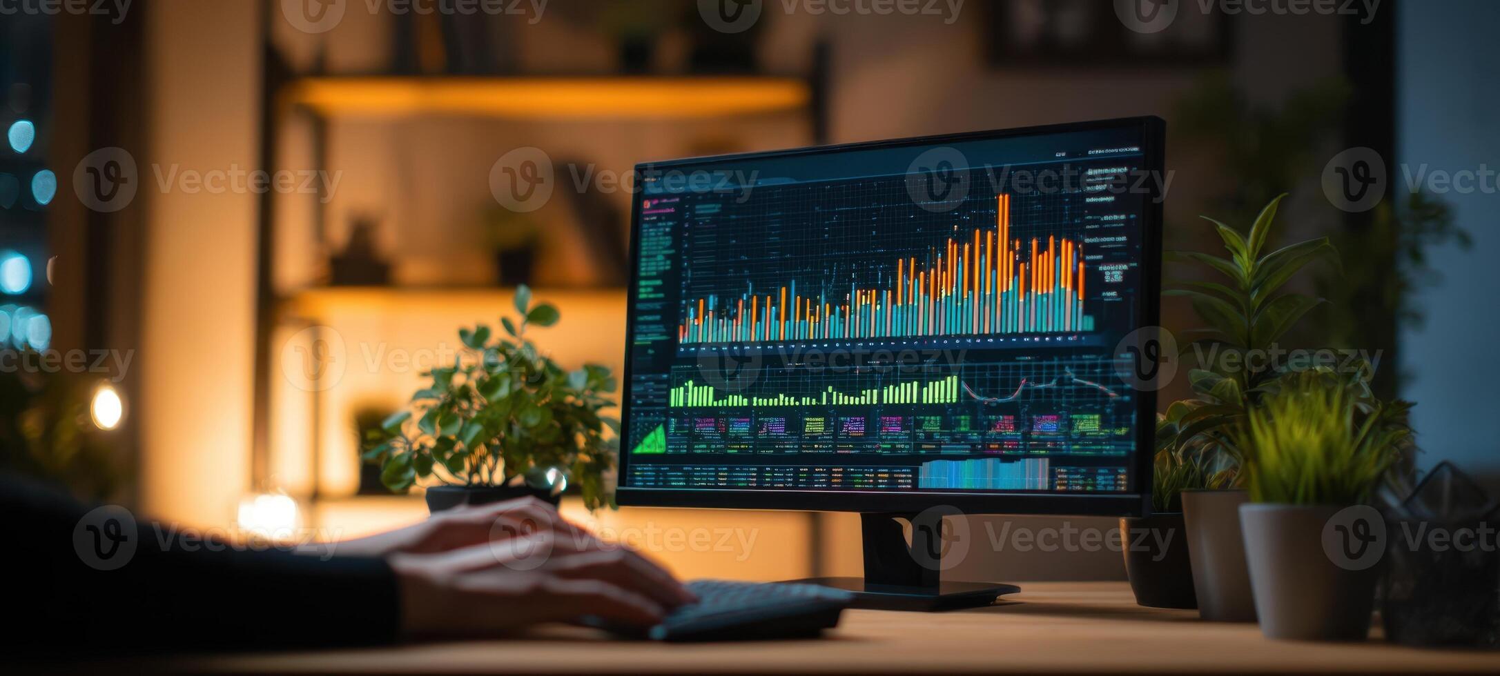 The workspace showcasing a computer monitor displaying vibrant financial data and analytics. photo