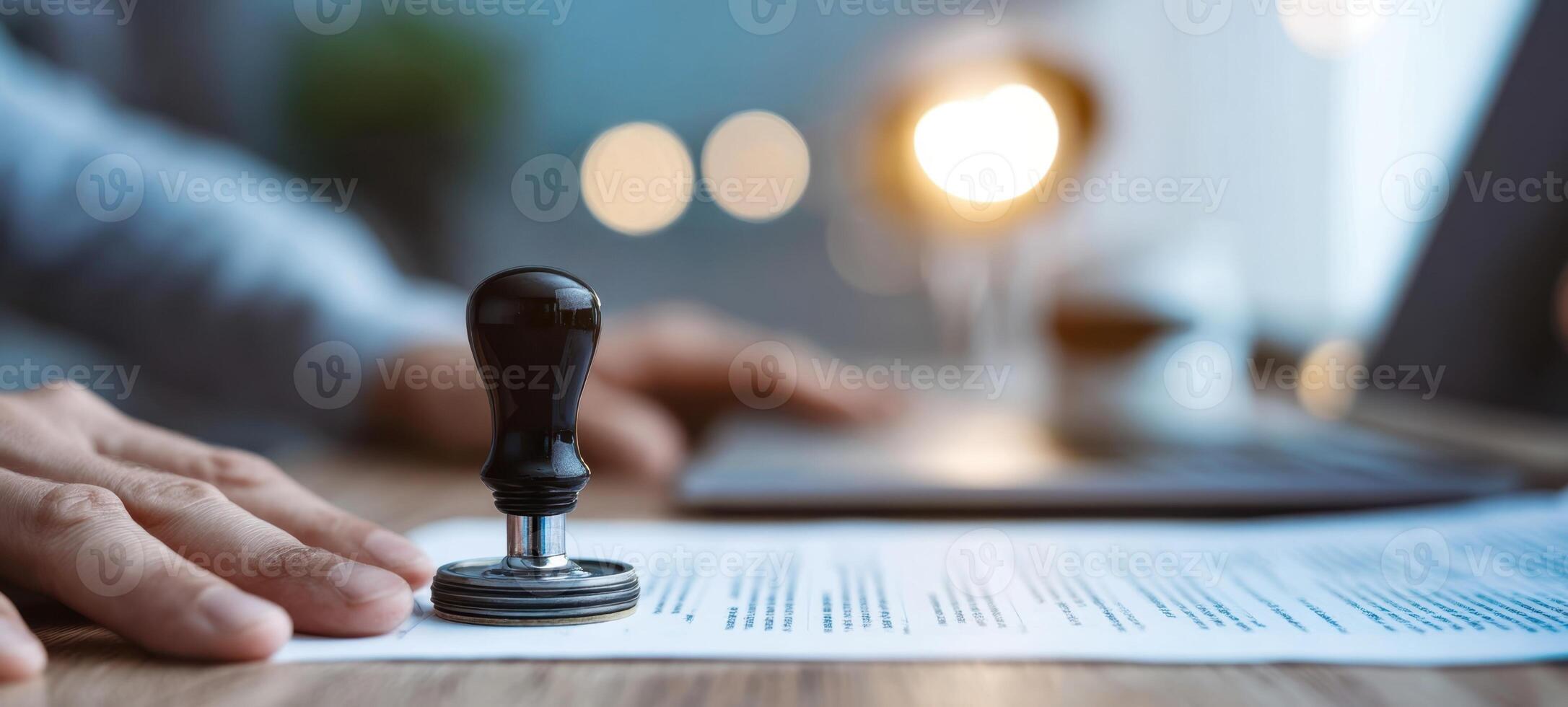 The office stamp being used to validate an important business document. photo