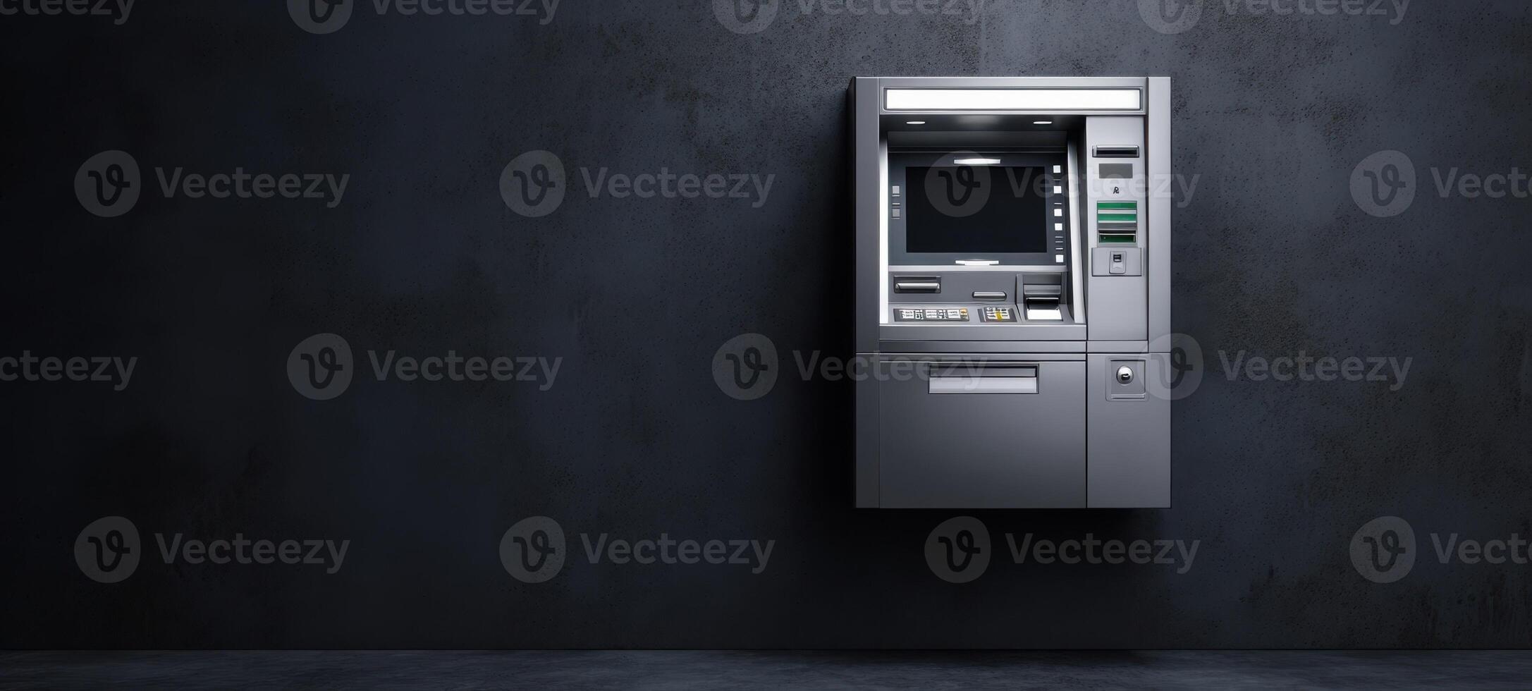 The ATM machine elegantly positioned against a dark textured wall. photo