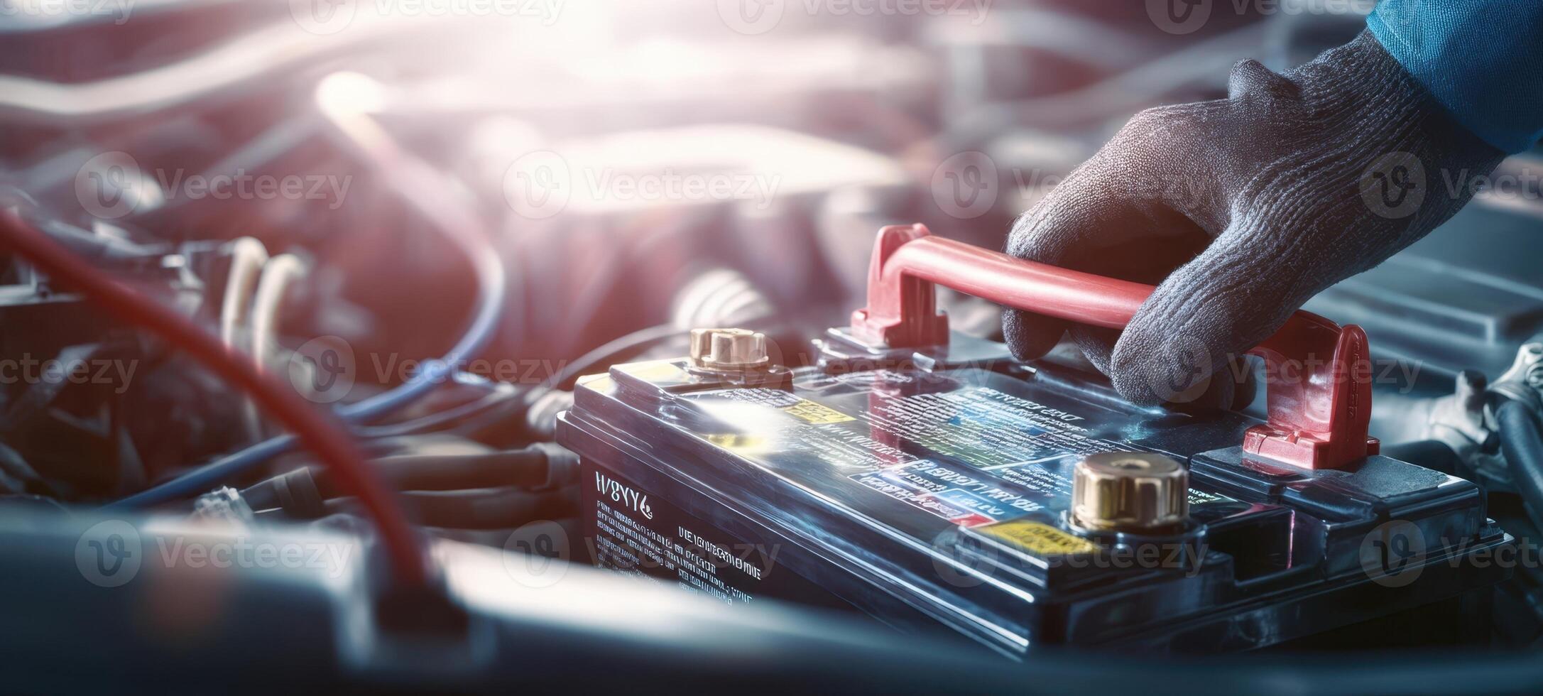 The mechanic installing a car battery with precision and care. photo