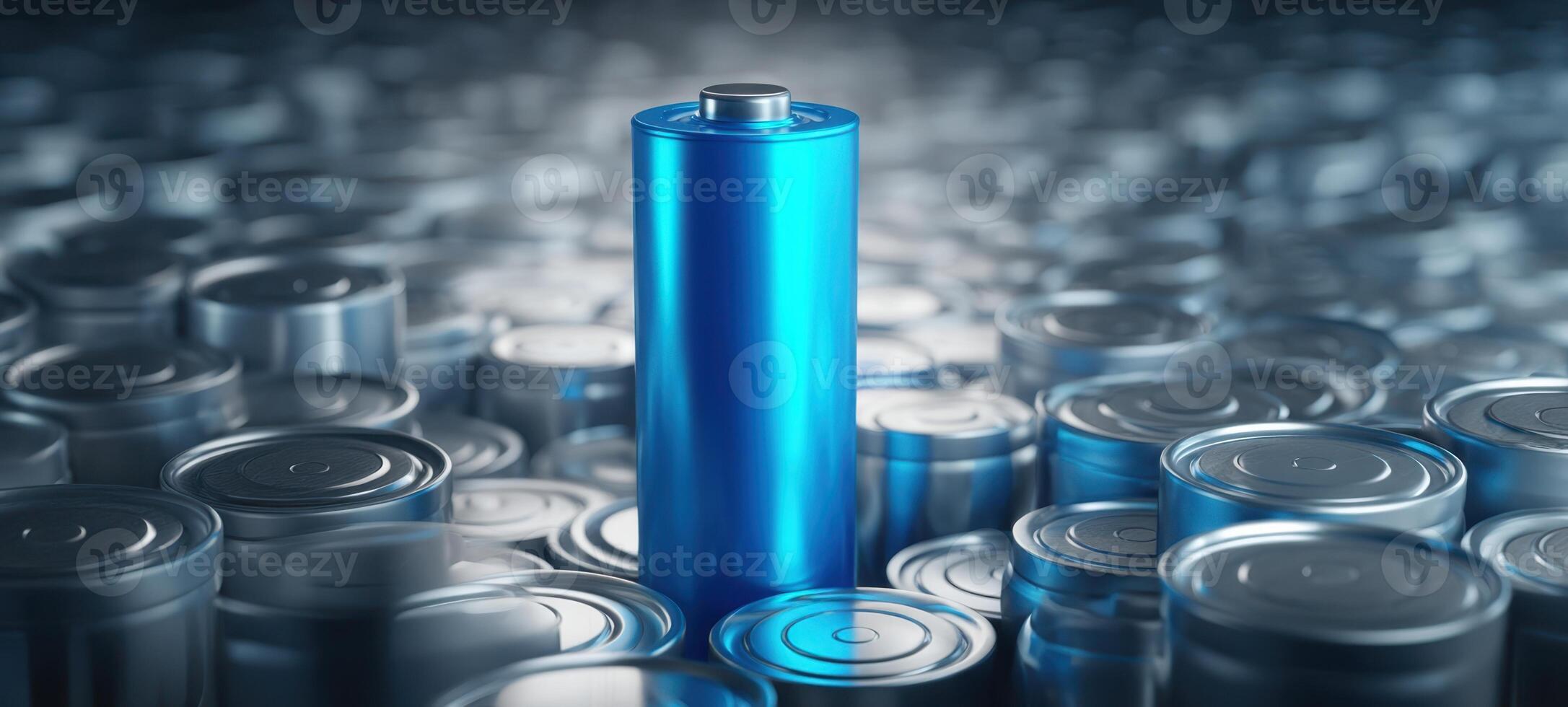 The striking blue battery standing out amidst silver metal cans. photo