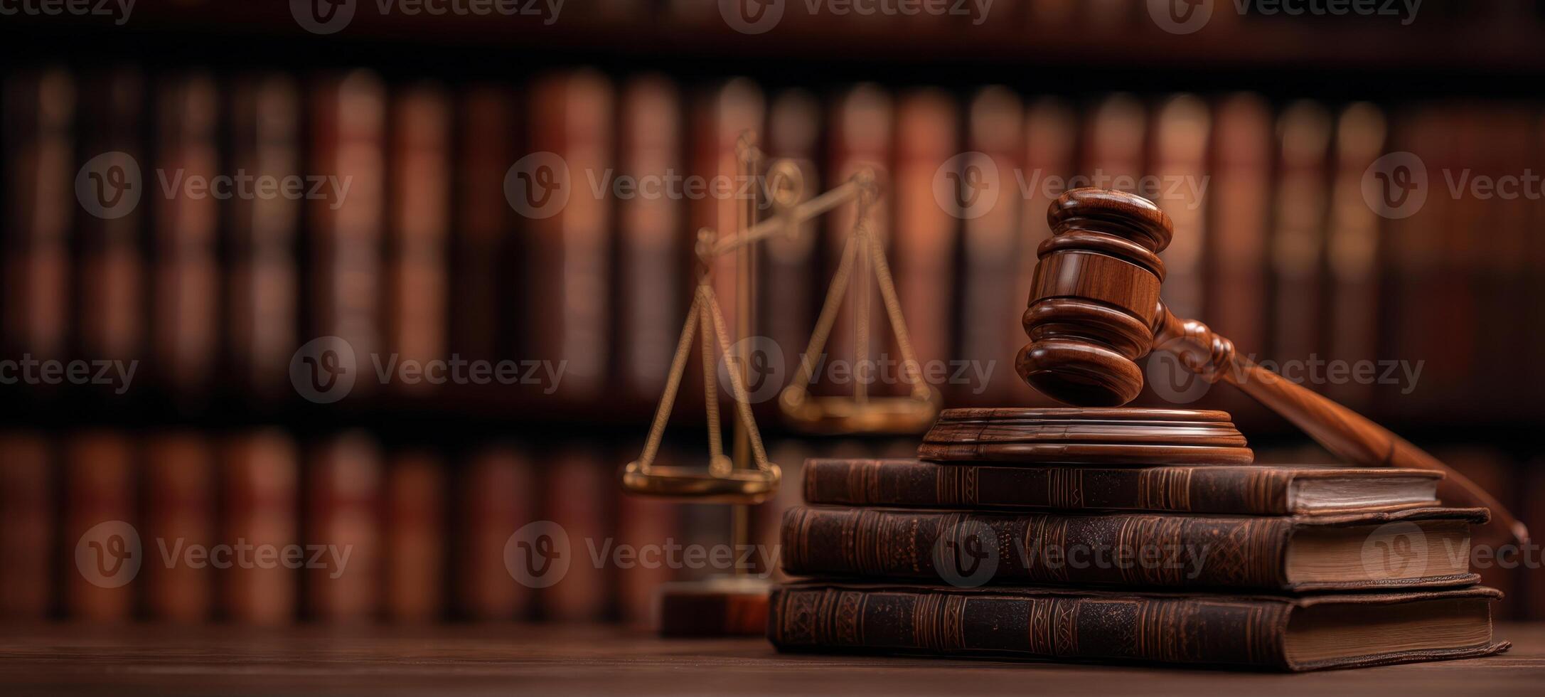The gavel and scales of justice on stacked legal books in a library setting. photo