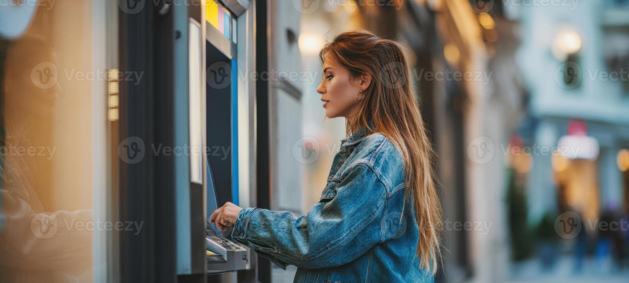 The woman using an ATM in a bustling urban environment during the evening. photo