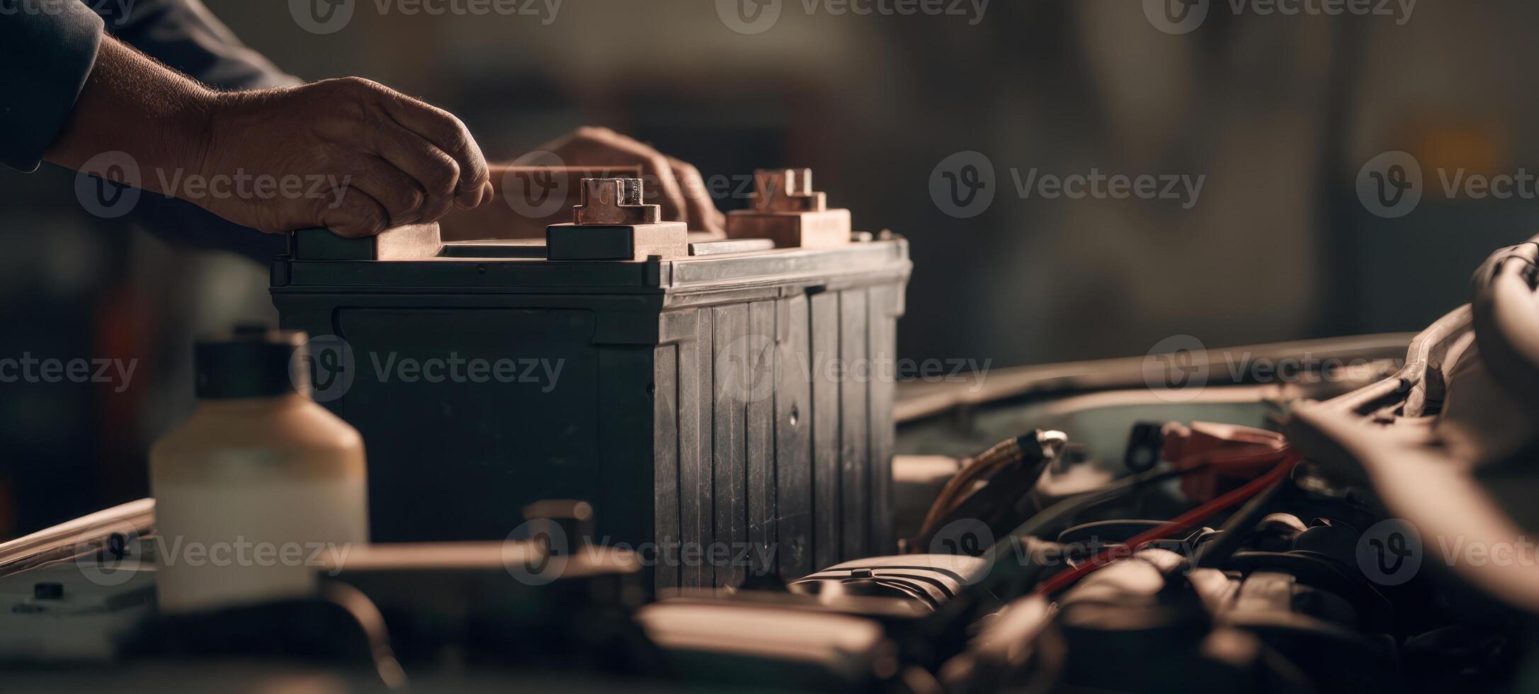 The mechanic installing a car battery in a garage environment. photo