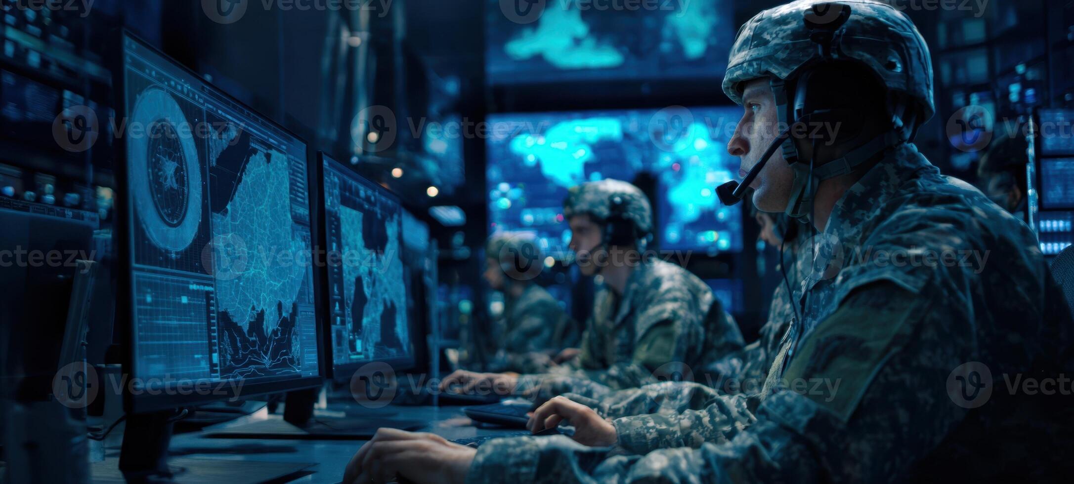 The military personnel engaged in strategic operations at high-tech command center. photo