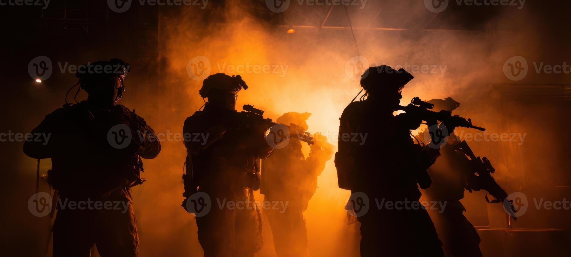 The silhouettes of soldiers navigating through smoke and intense lighting during a military operation. photo