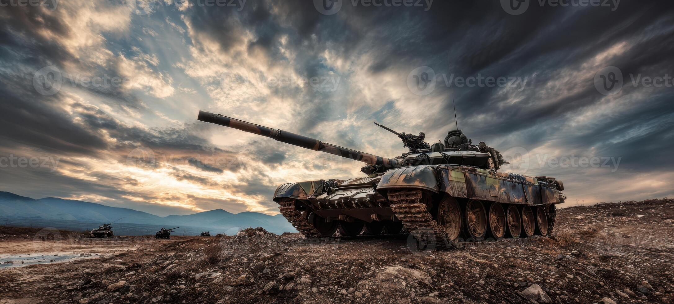 The powerful military tank stands defiantly against a dramatic sunset background. photo