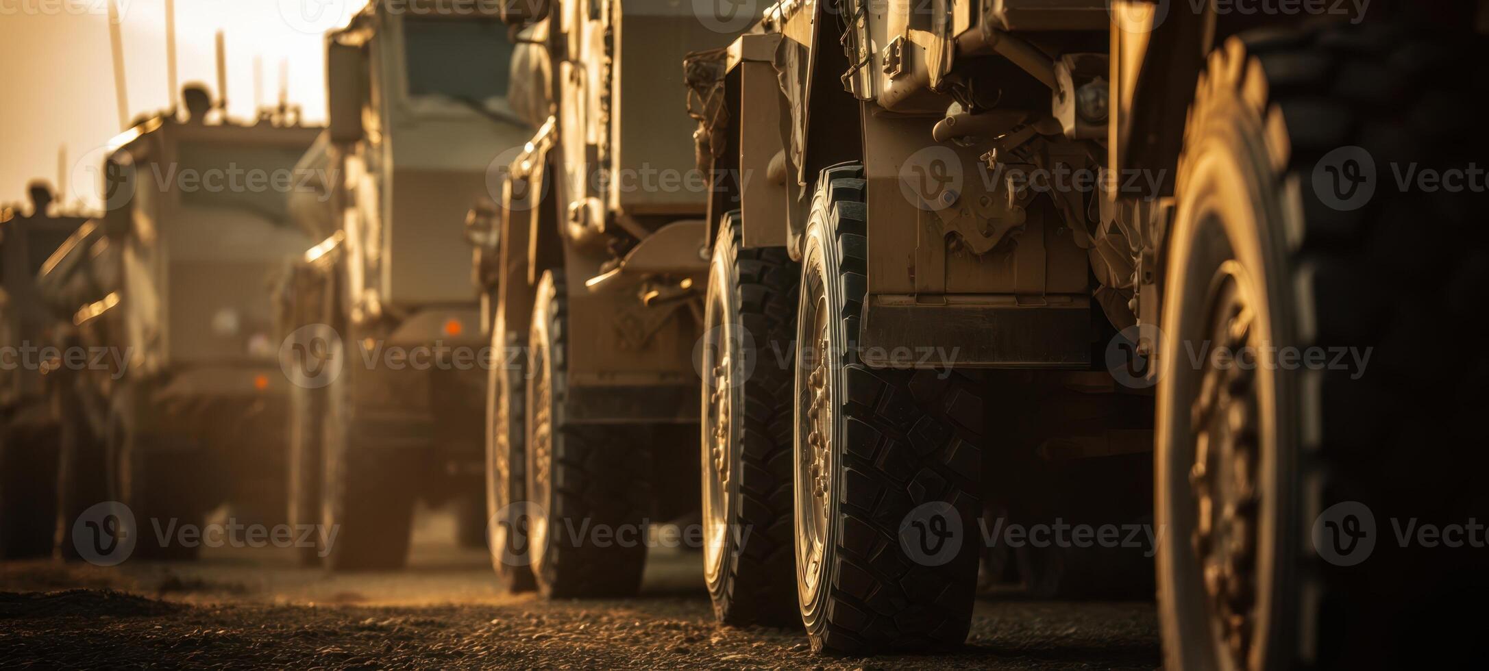 The convoy of military trucks lined up on a rugged terrain at sunset. photo