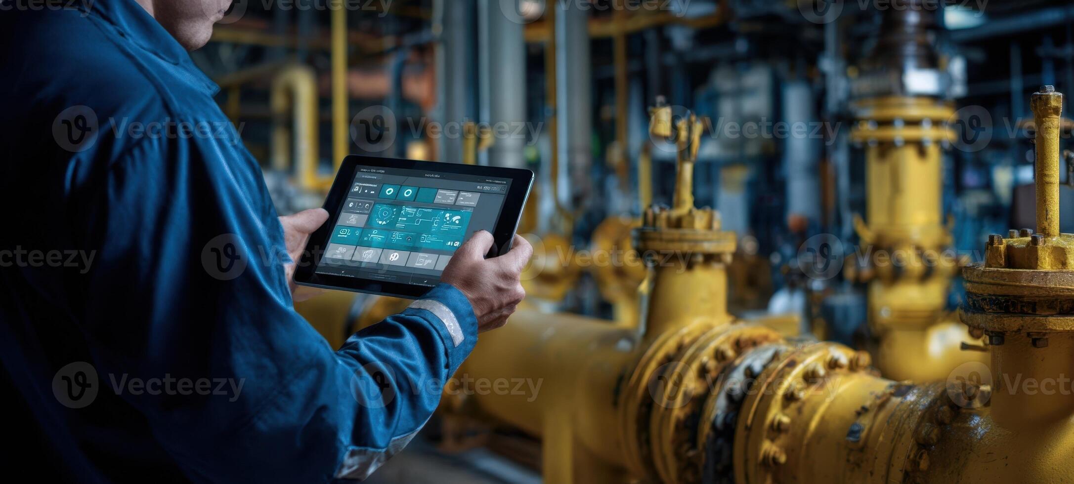 The technician using a tablet for monitoring industrial processes in a facility. photo