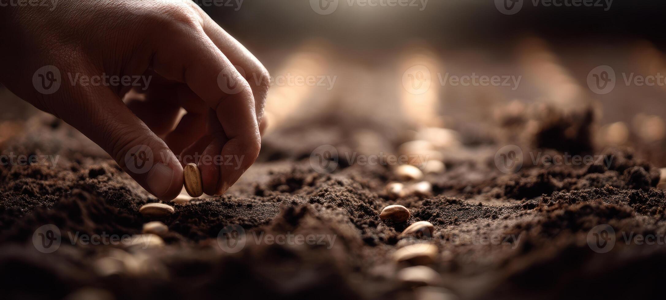 The hand planting seeds into rich soil for a sustainable agricultural future photo
