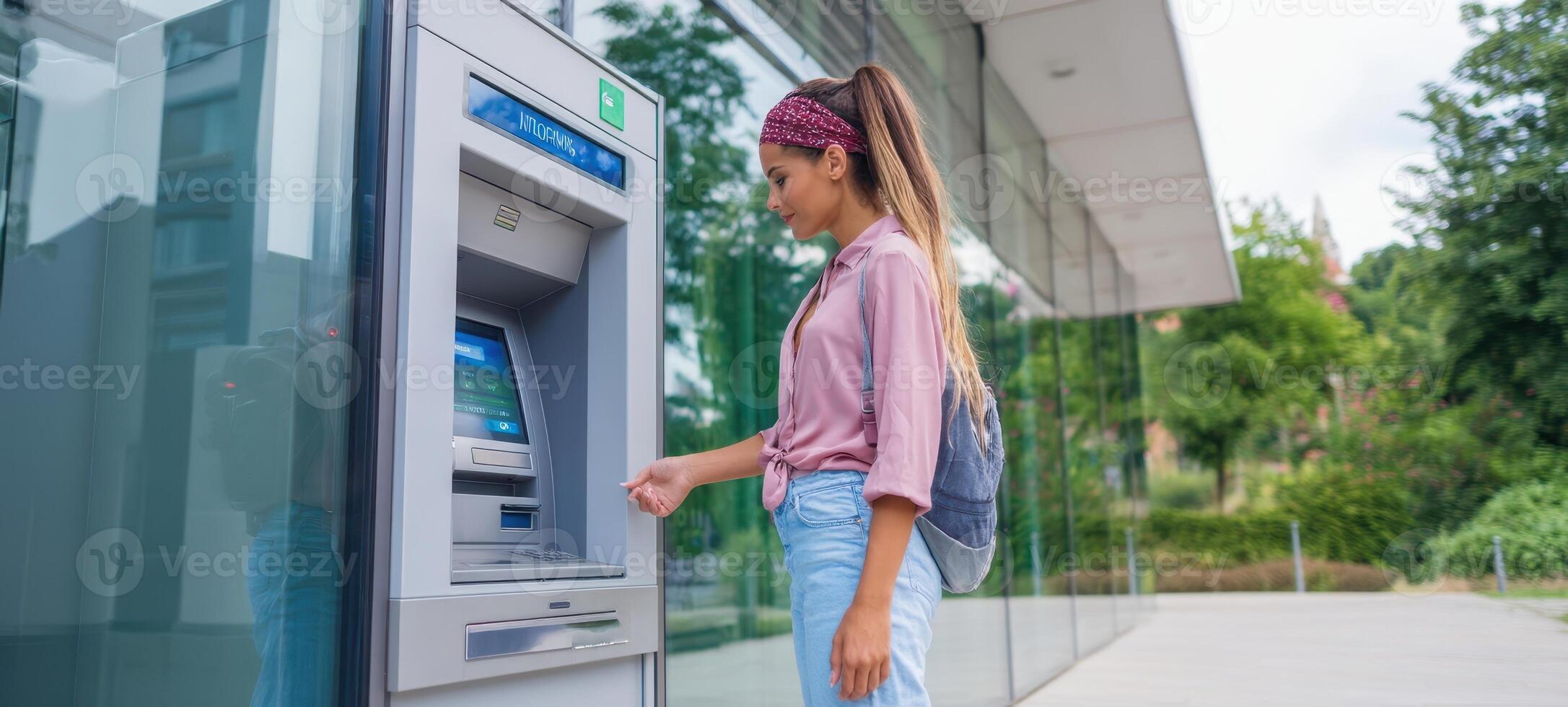 The woman using an ATM in an urban setting for financial transactions. photo