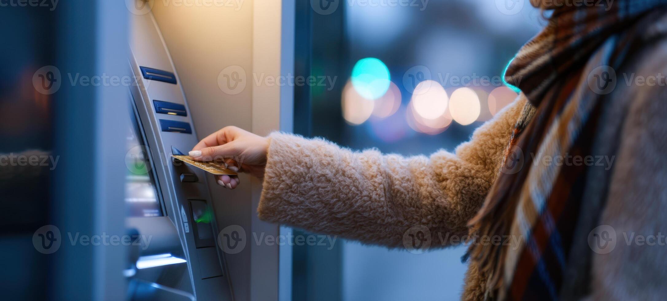 The ATM interaction of a user at night with a card in hand. photo