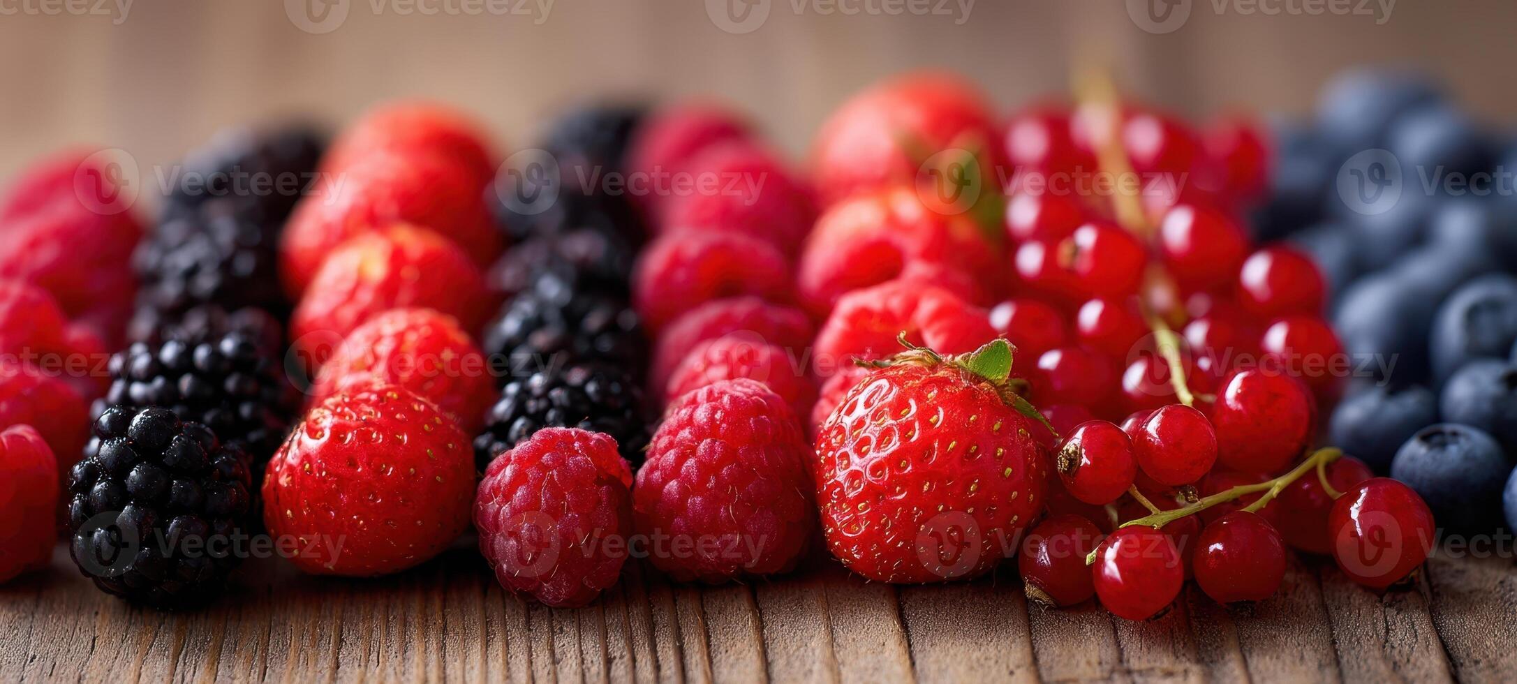 The Colorful Collection of Fresh Berries Arranged on a Rustic Wooden Table photo