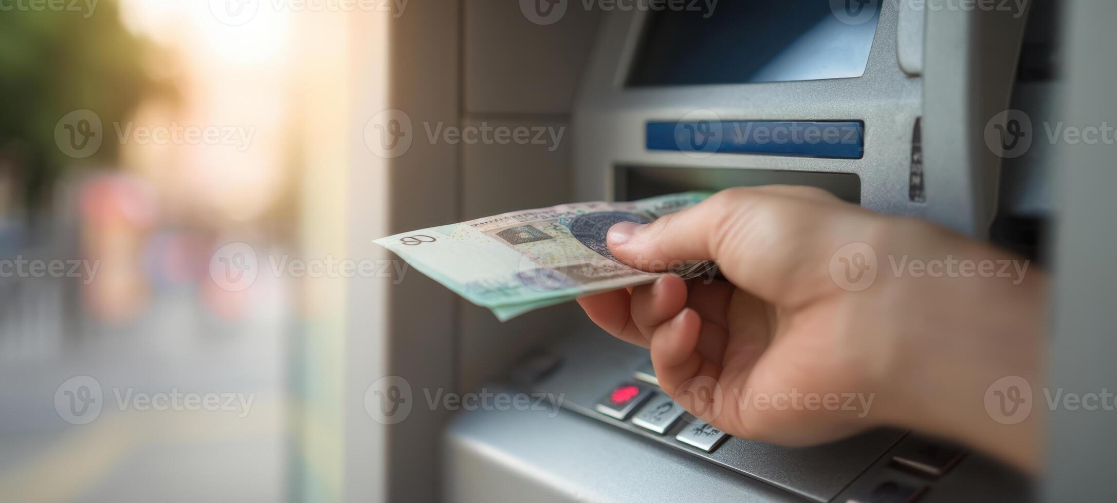 The hand withdrawing cash from an ATM during a sunny urban day. photo