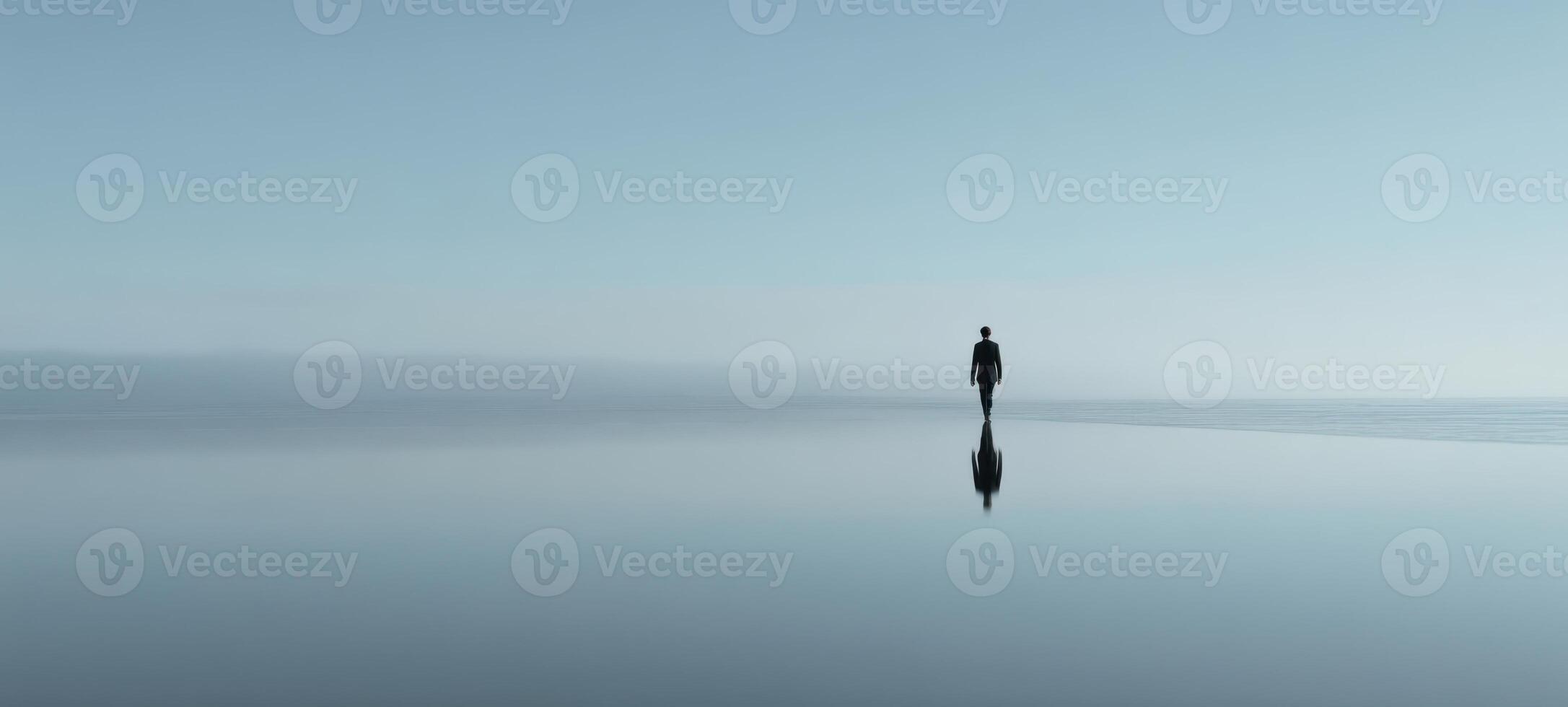 The serene figure walking alone in a tranquil water landscape at dawn. photo