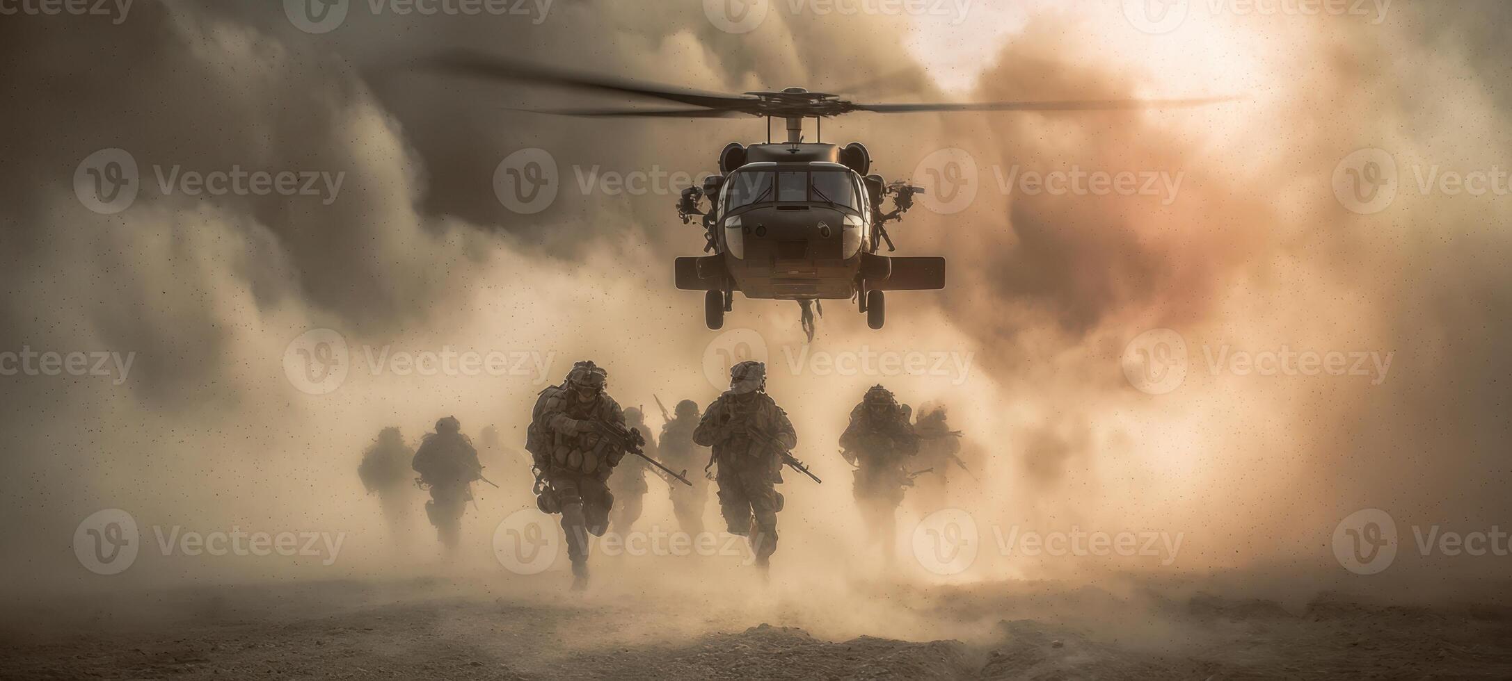 The soldiers advance under a helicopter in a dramatic combat scene. photo