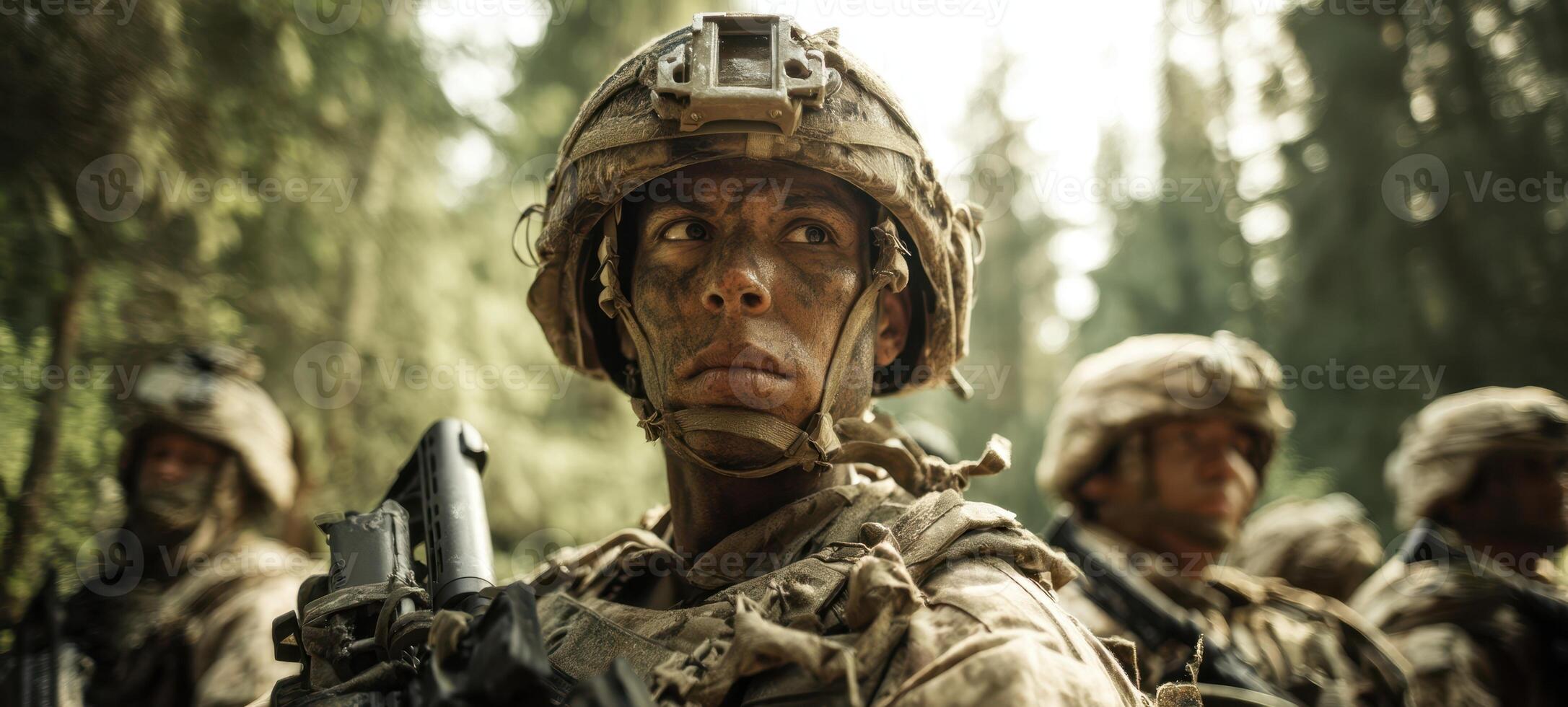 The soldier stands vigilant in a dense forest, embodying strength and commitment. photo