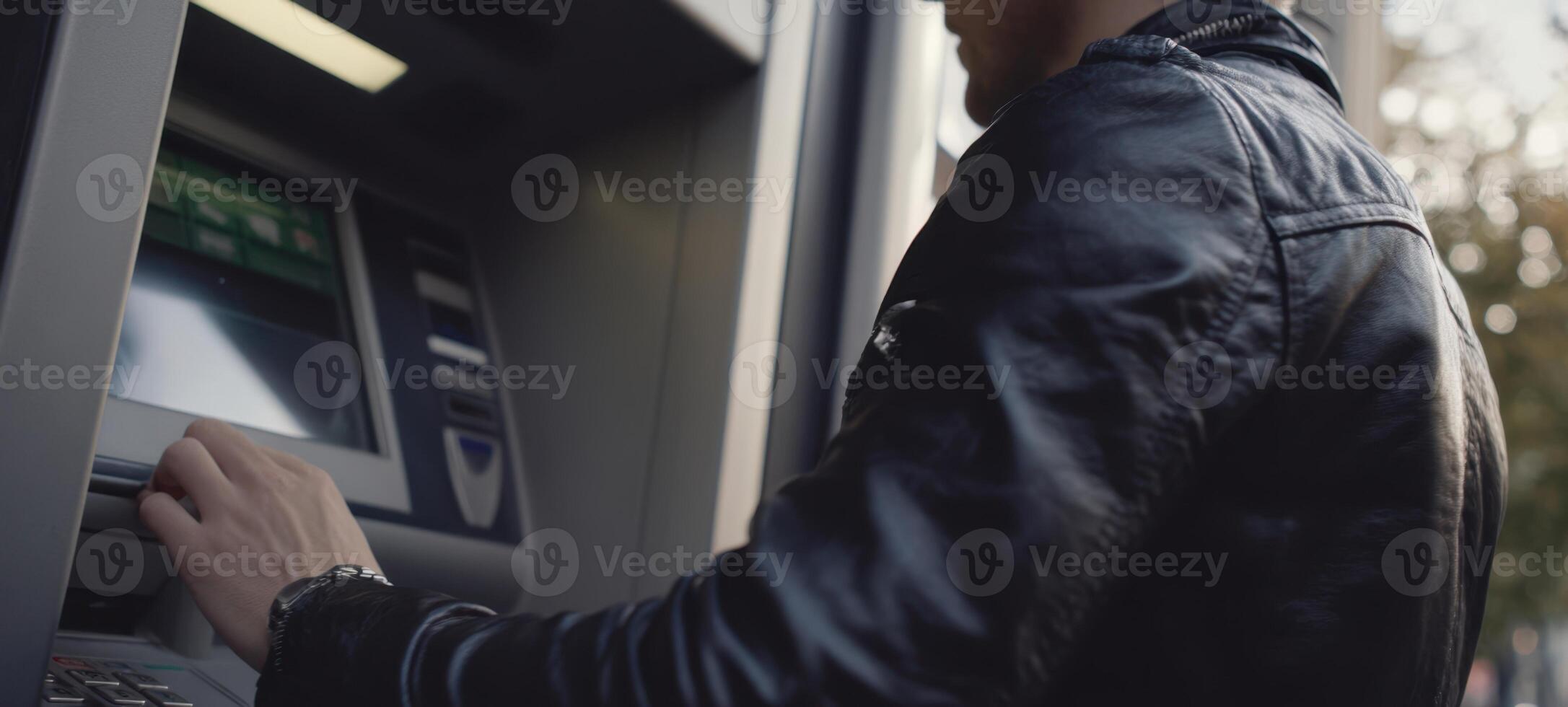 The man using an ATM in an urban setting on a sunny day. photo