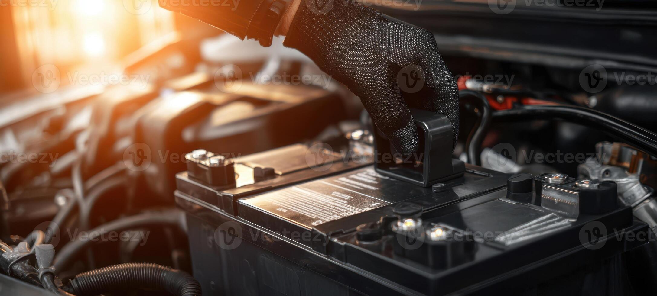 The mechanic replacing a car battery in a well-equipped automotive workshop. photo