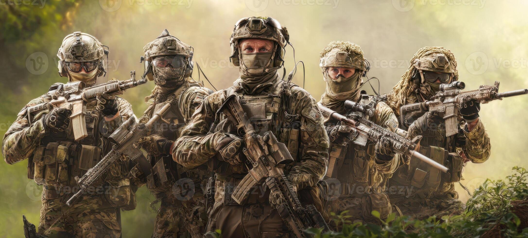 The group of soldiers prepared for action in a dense, wooded environment. photo