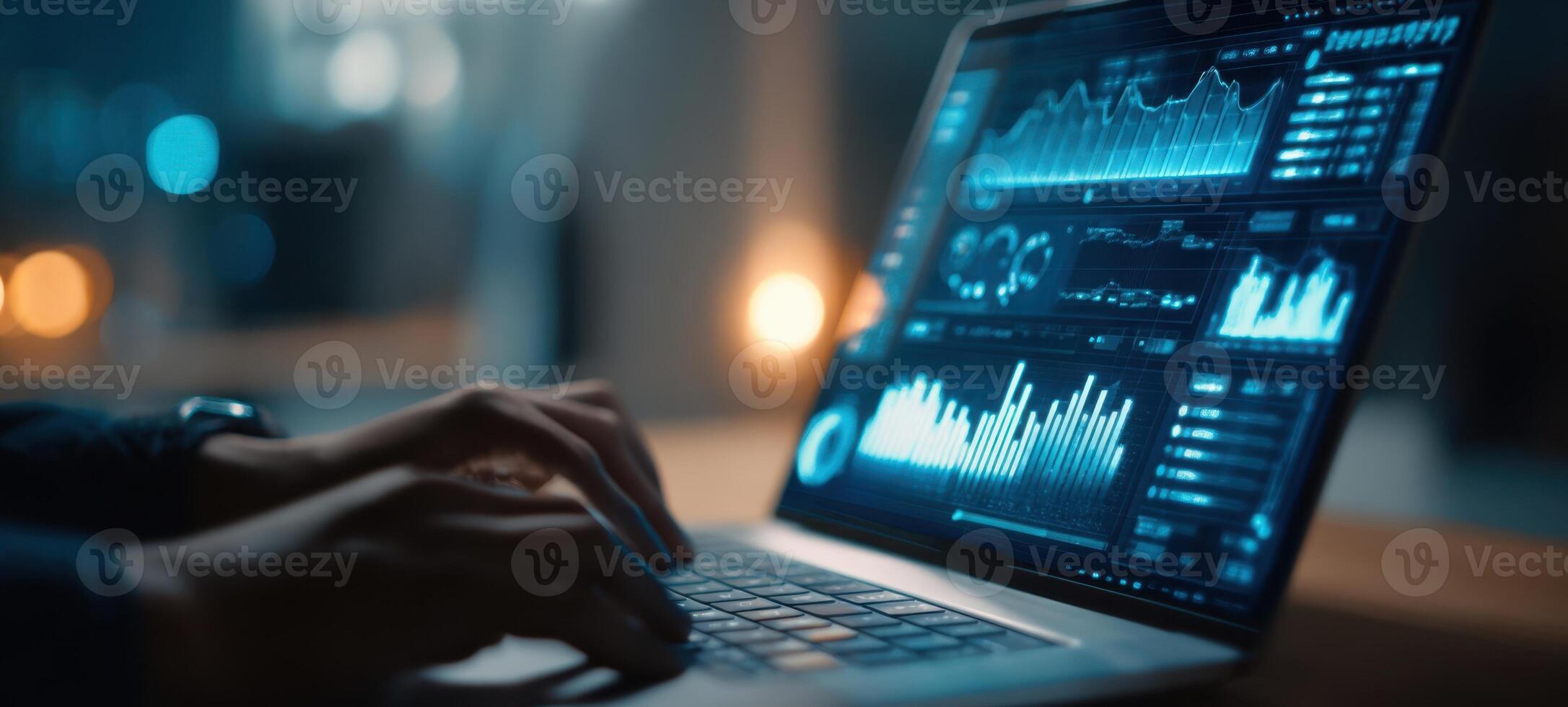 The laptop displaying intricate data analysis and visualizations in a modern workspace. photo