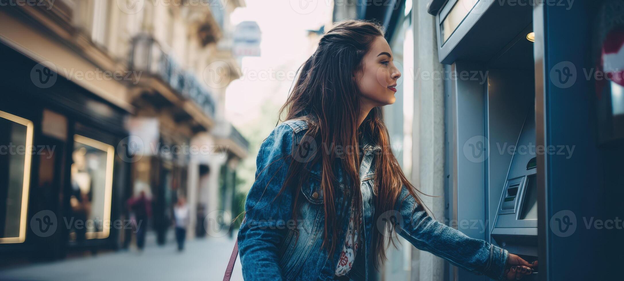 The young woman using an ATM in an urban setting on a sunny day. photo