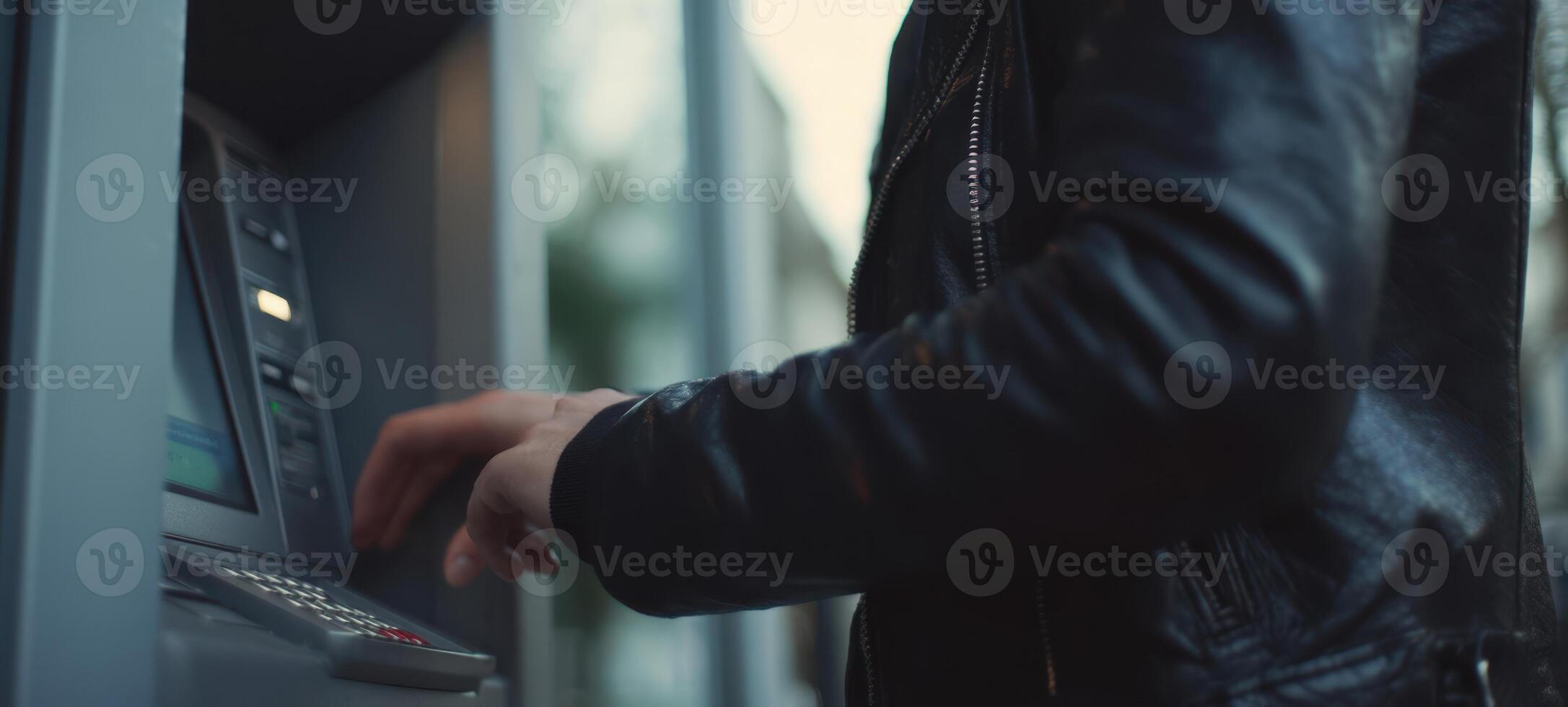The hand using an ATM in an urban environment at night. photo