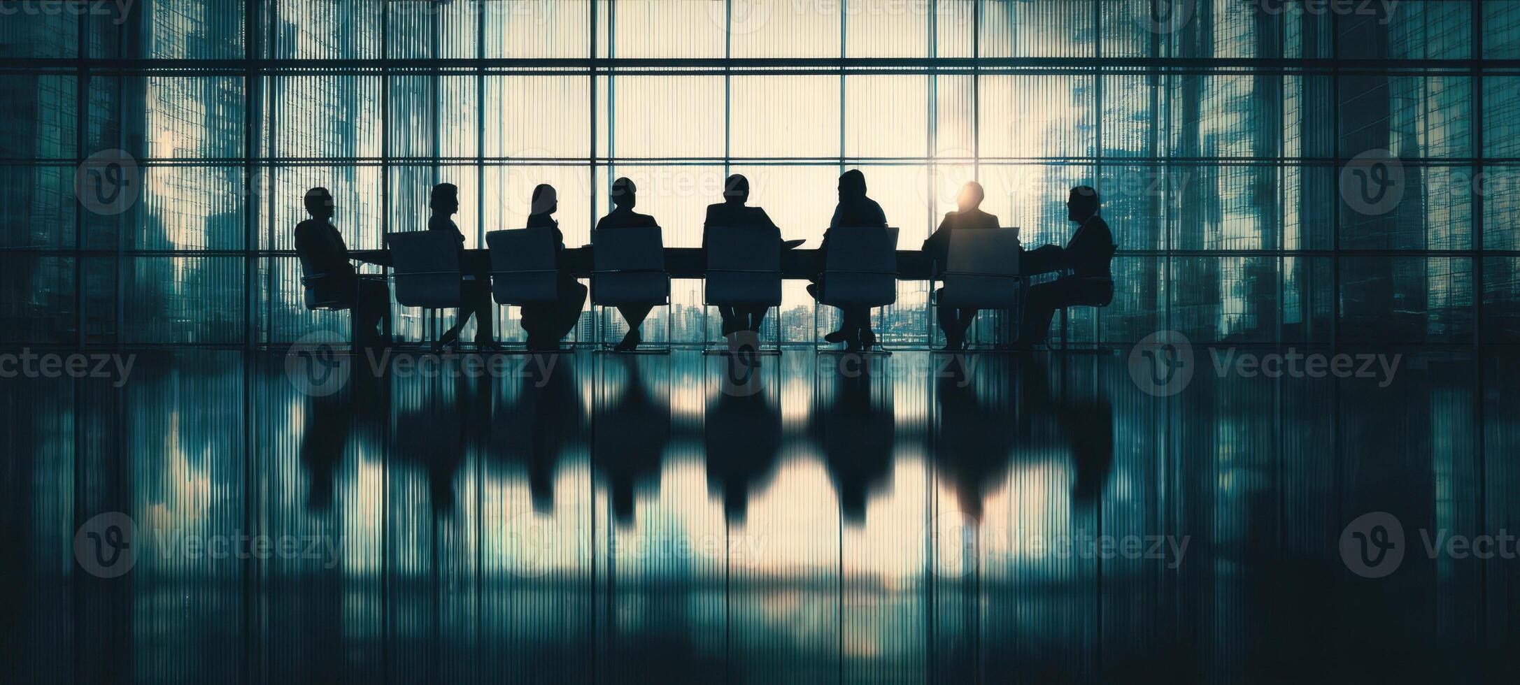 The silhouettes of professionals engaged in a high-stakes business meeting photo