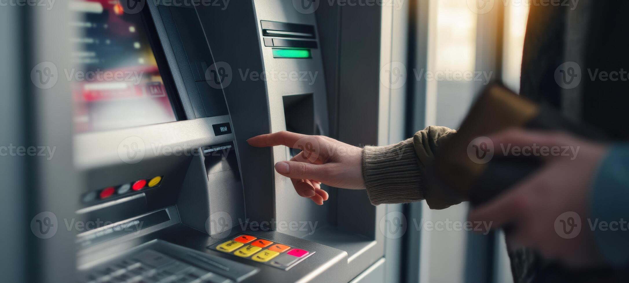 The ATM interaction showcasing a user making a transaction with a wallet. photo