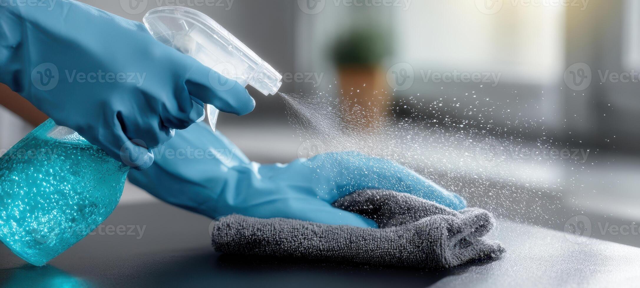 The hands actively cleaning a surface with a spray bottle and cloth. photo