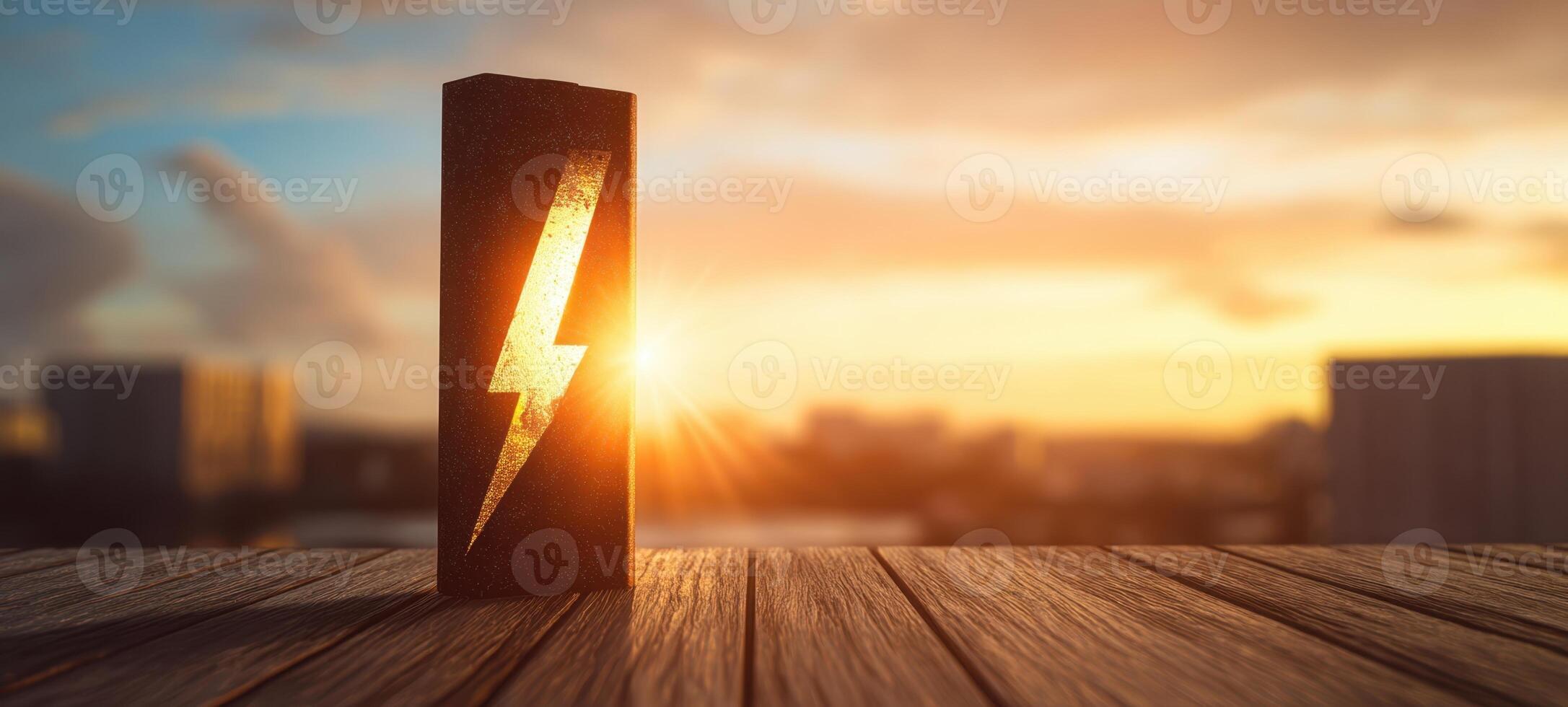 The lightning bolt symbol illuminated by sunset glow on wooden surface. photo