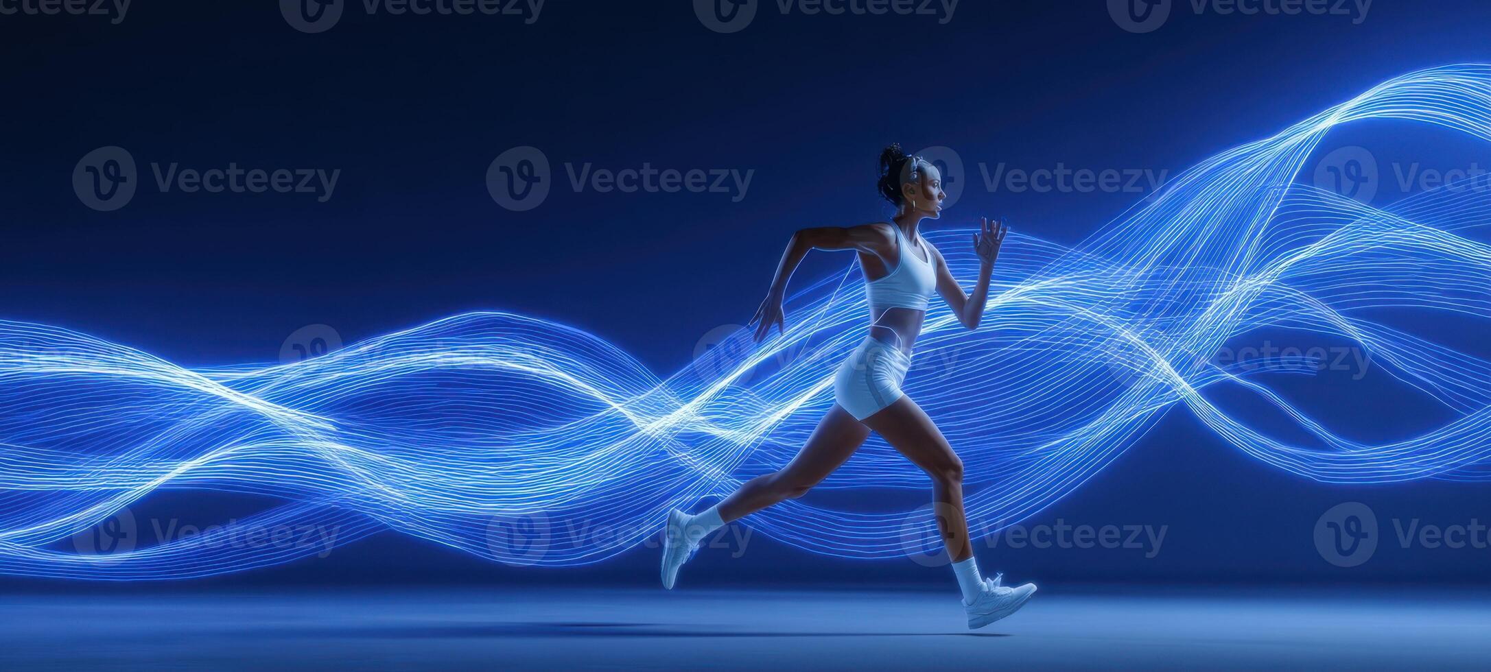 The dynamic athlete running with vibrant blue light trails. photo
